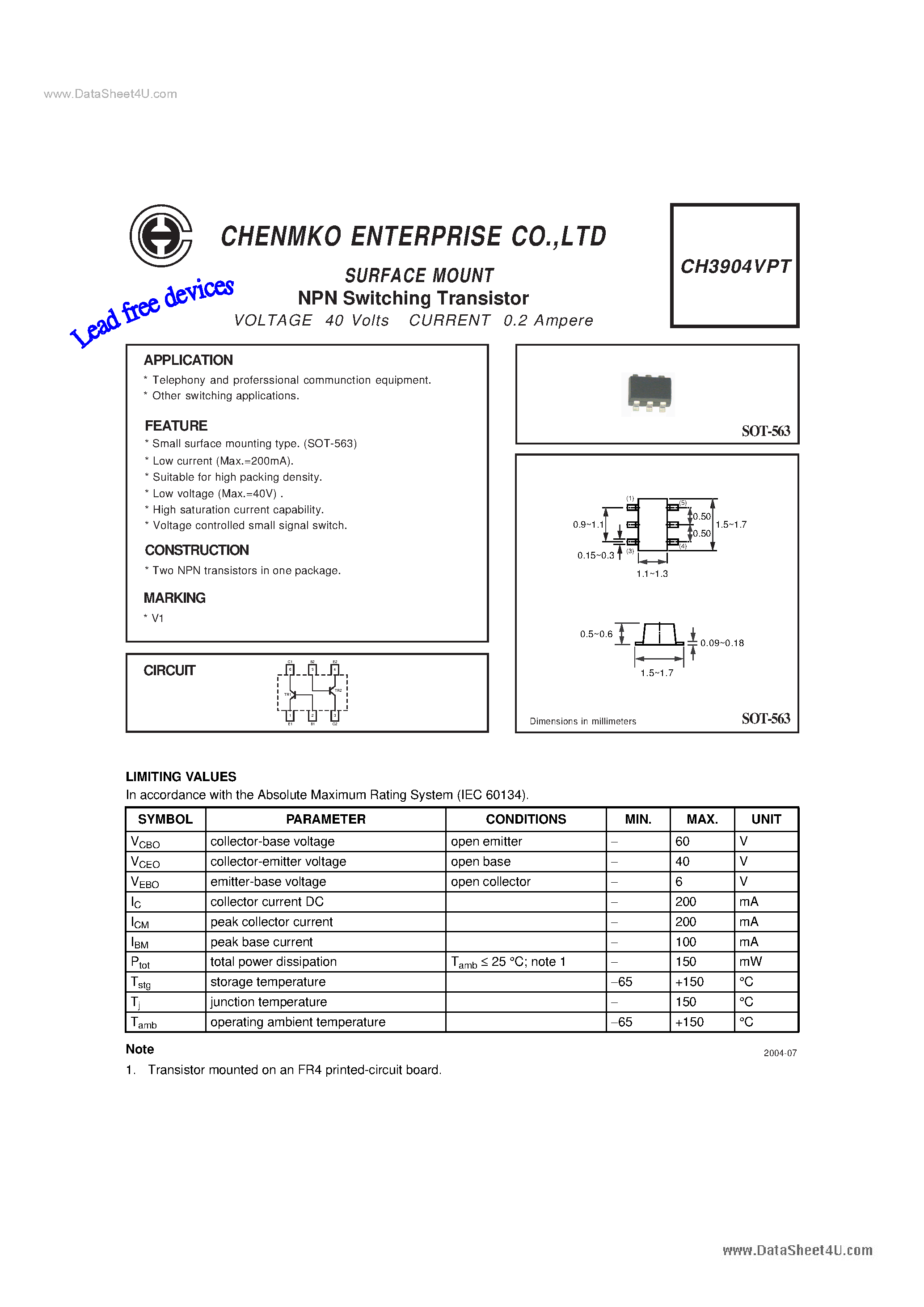 Даташит на микросхему CH3904VPT страница 1 Даташит CH3904VPT - Switching Transistor страница 1
