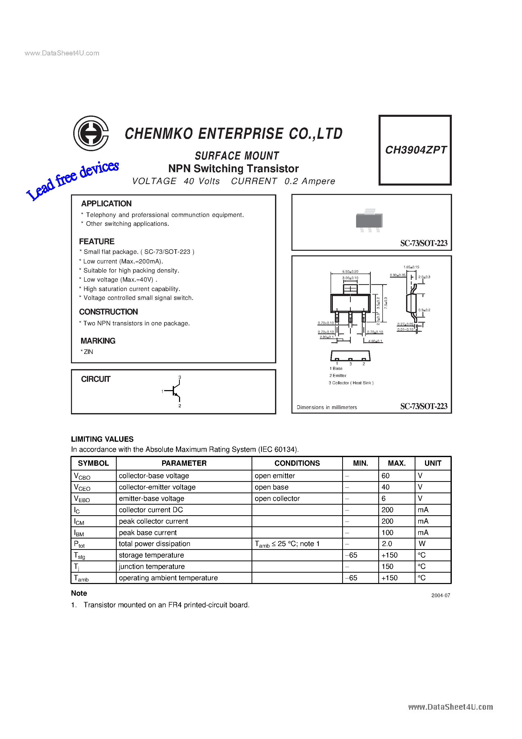 Даташит на микросхему CH3904ZPT страница 1 Даташит CH3904ZPT - Switching Transistor страница 1