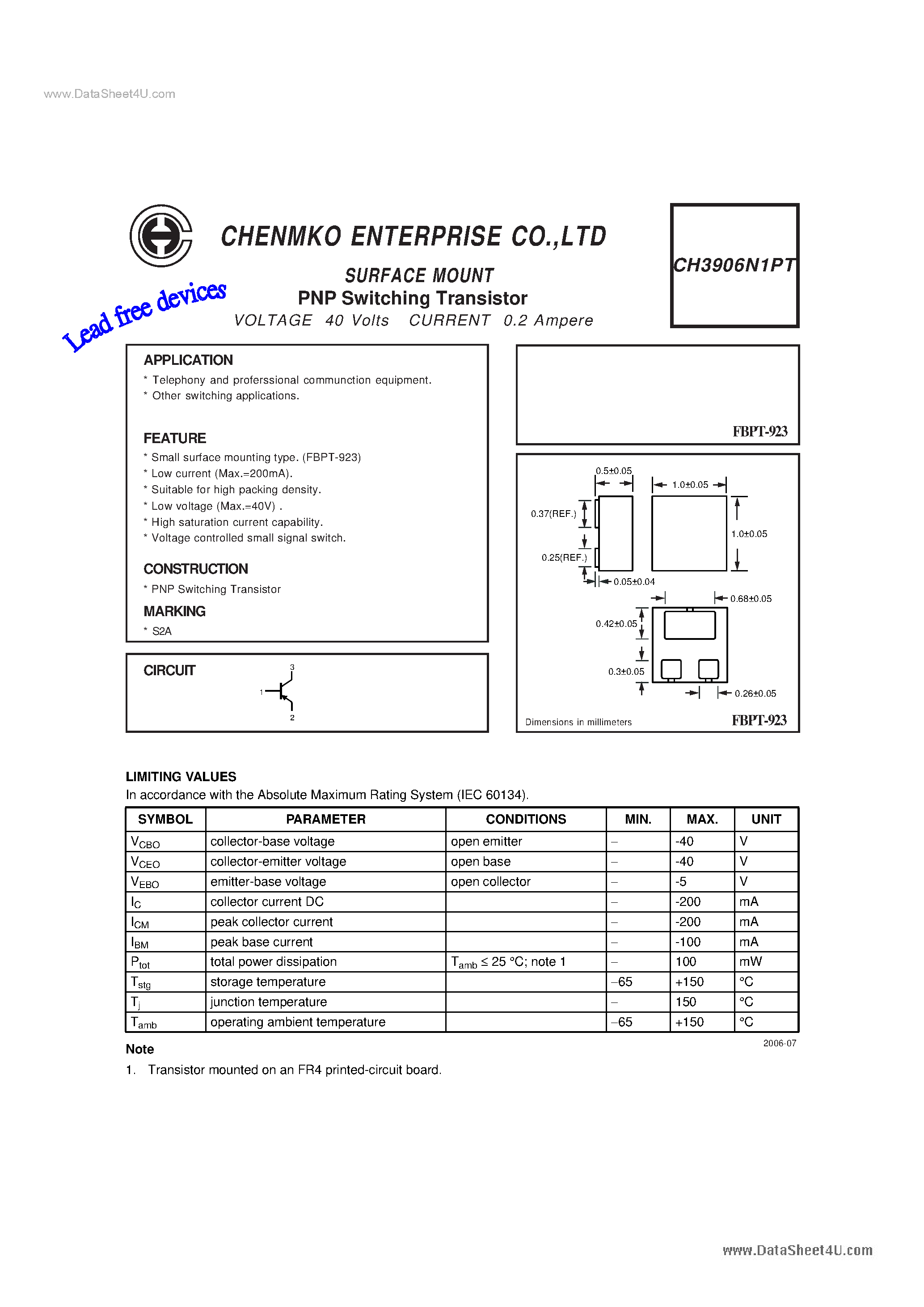 Даташит на микросхему CH3906N1PT страница 1 Даташит CH3906N1PT - Switching Transistor страница 1