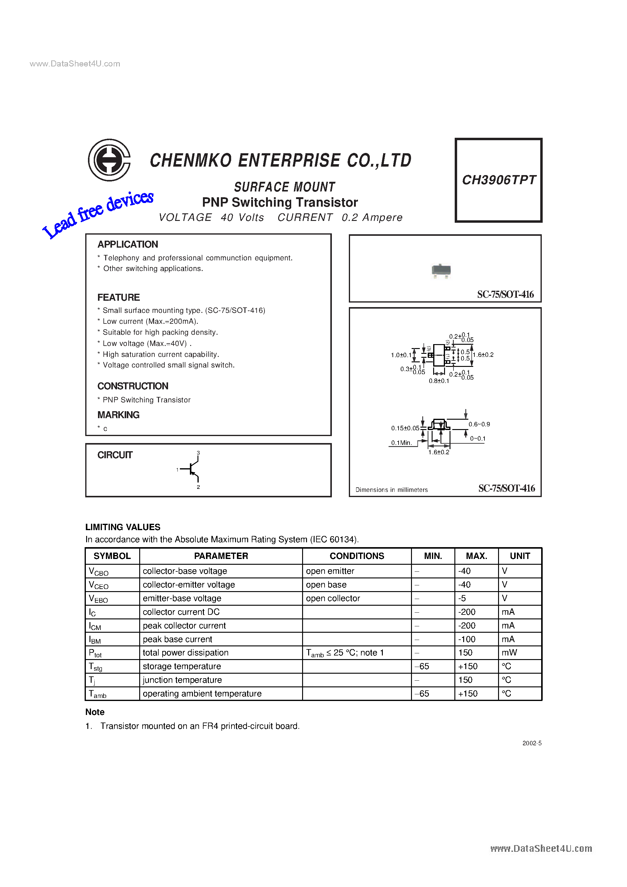 Даташит на микросхему CH3906TPT страница 1 Даташит CH3906TPT - Switching Transistor страница 1