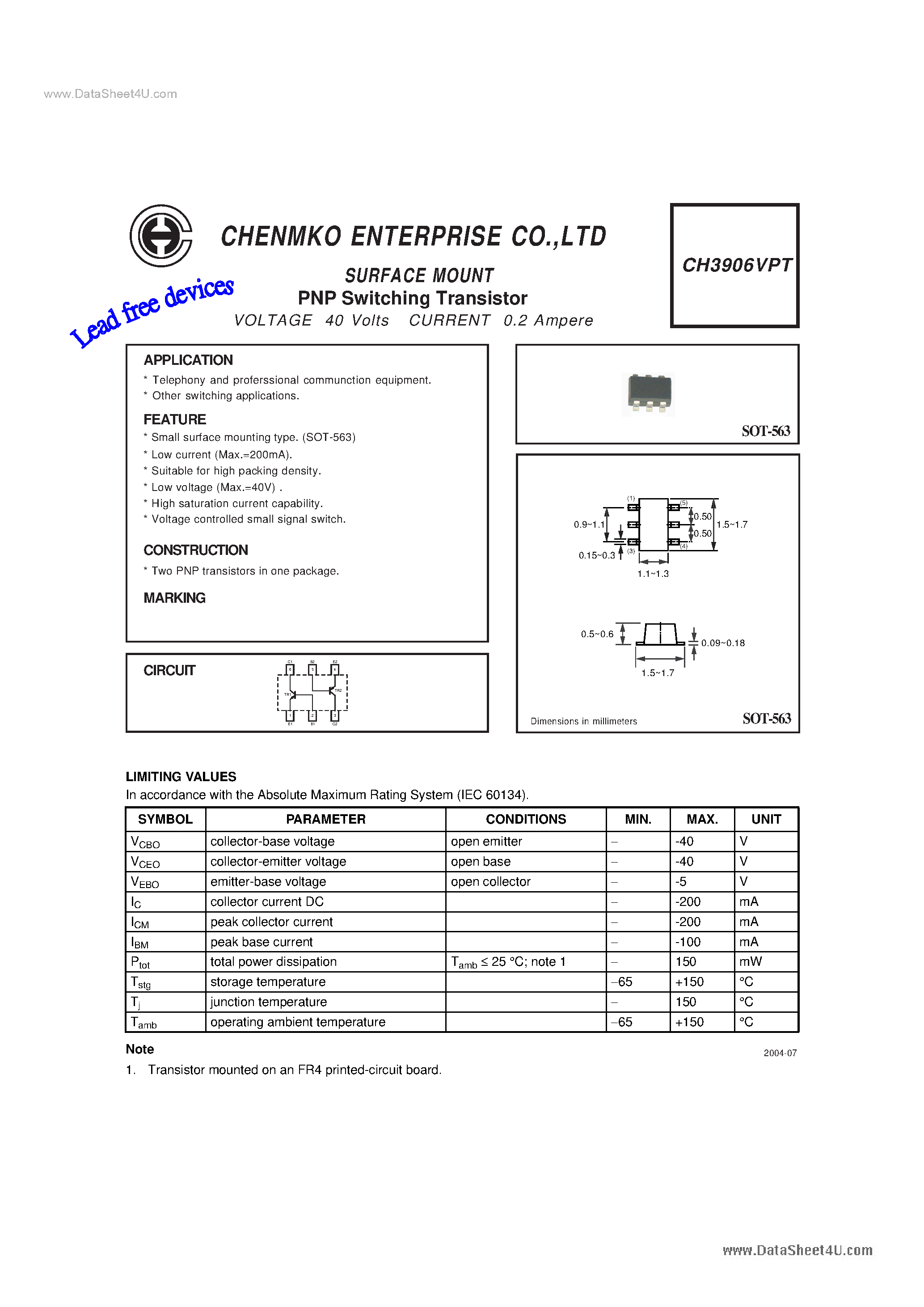 Даташит на микросхему CH3906VPT страница 1 Даташит CH3906VPT - Switching Transistor страница 1