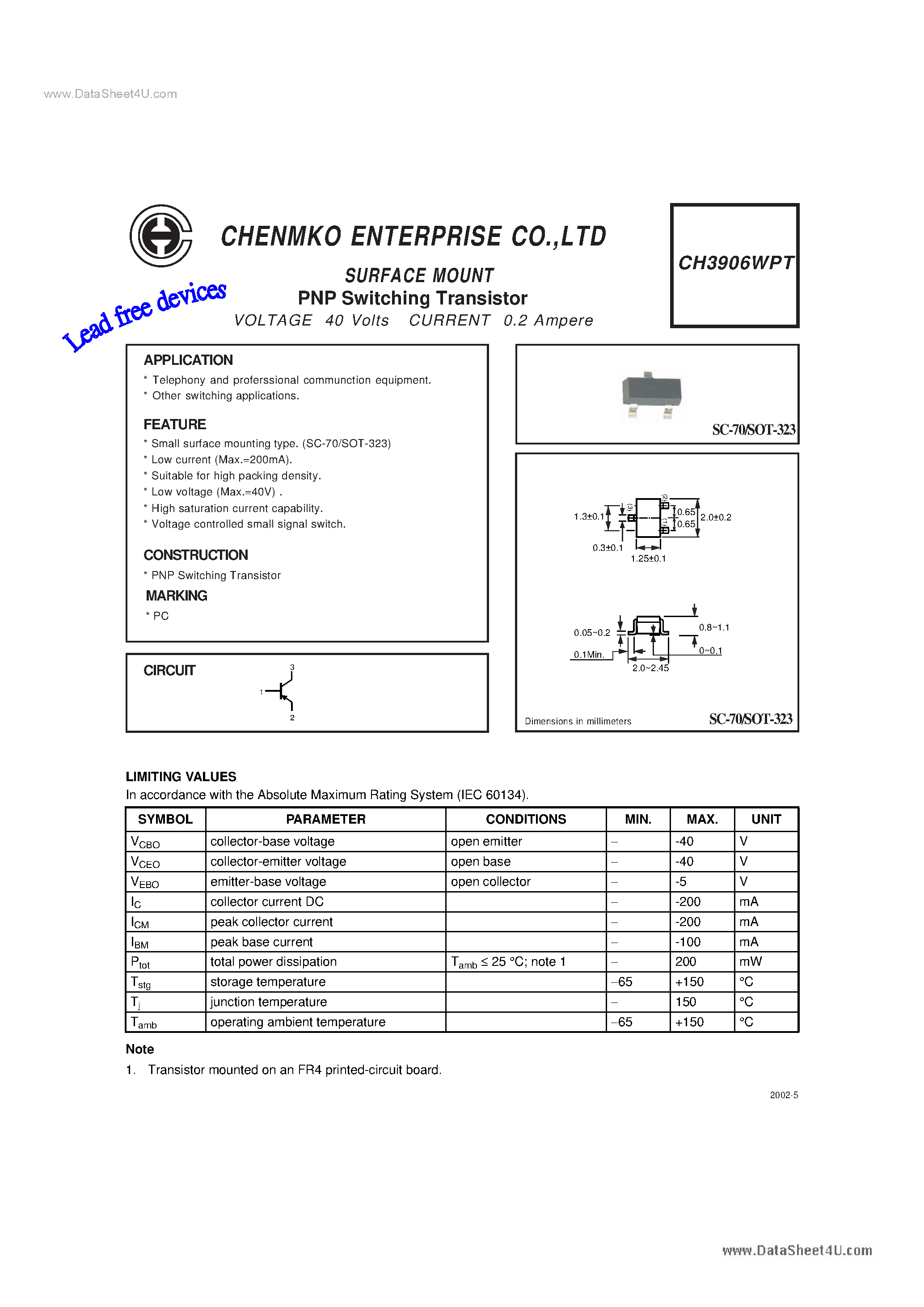 Даташит на микросхему CH3906WPT страница 1 Даташит CH3906WPT - Switching Transistor страница 1