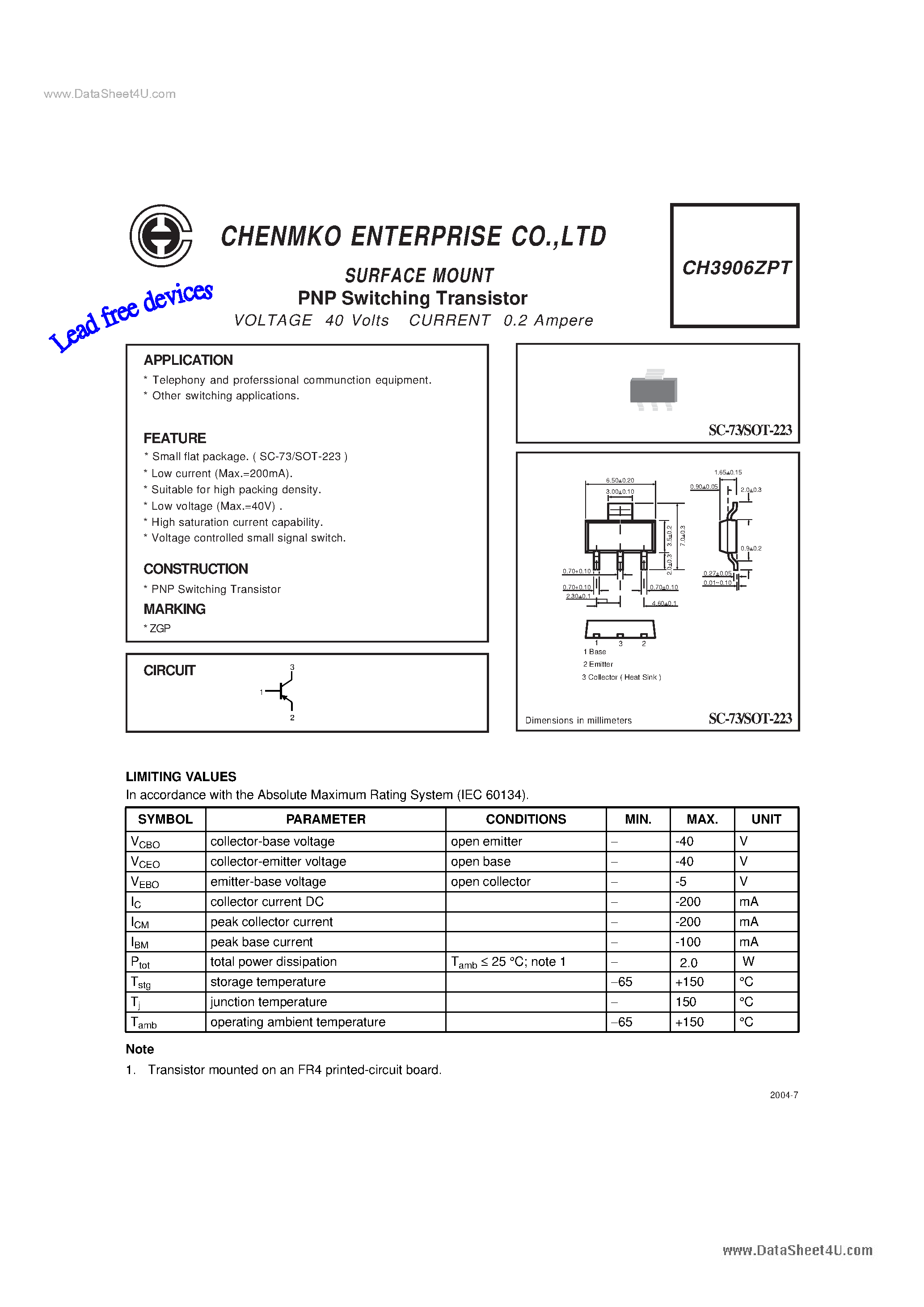 Даташит на микросхему CH3906ZPT страница 1 Даташит CH3906ZPT - Switching Transistor страница 1