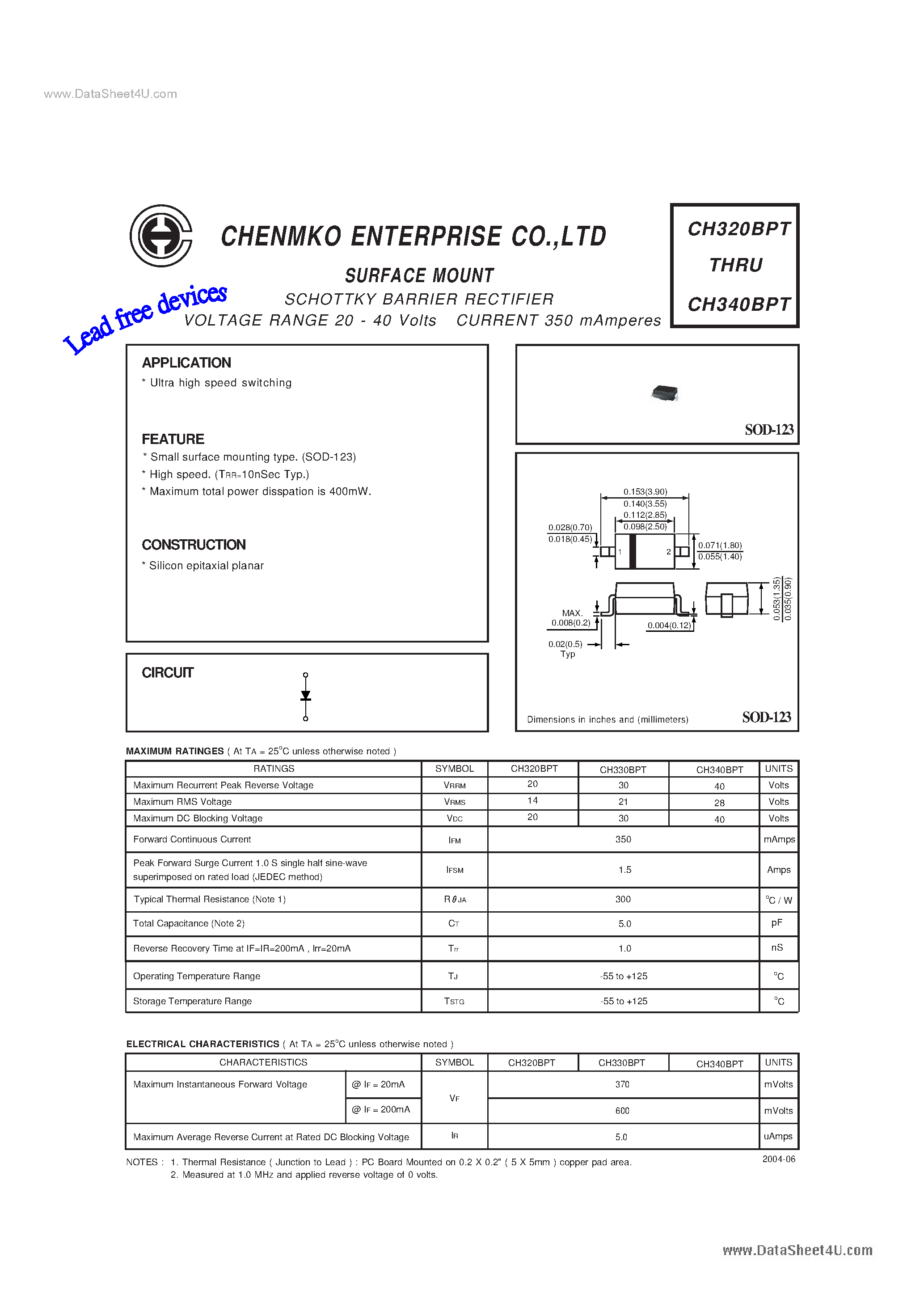 Datasheet CH320BPT page 1 Datasheet CH320BPT - (CH320BPT - CH340BPT) SCHOTTKY BARRIER RECTIFIER page 1