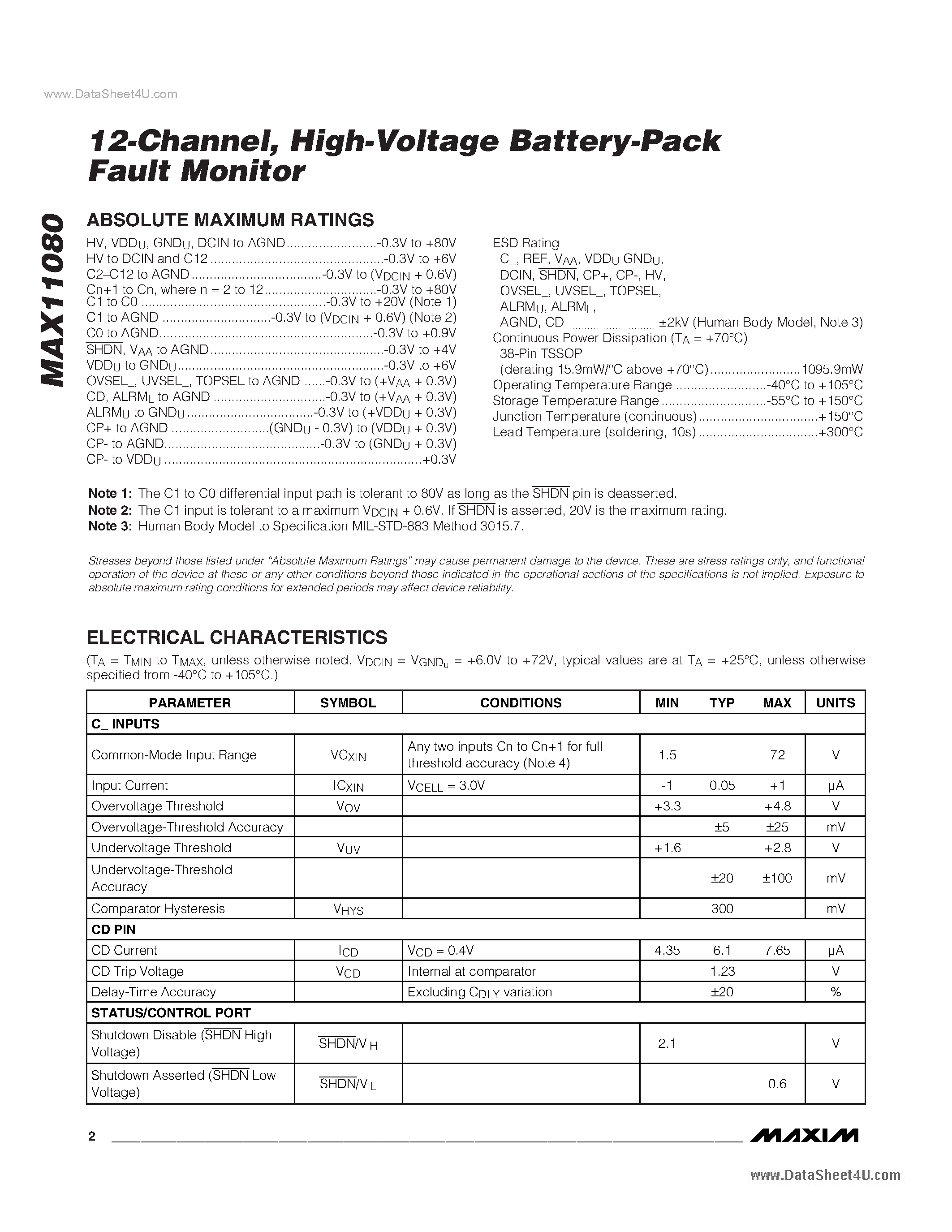 Datasheet MAX11080 - High-Voltage Battery-Pack Fault Monitor page 2