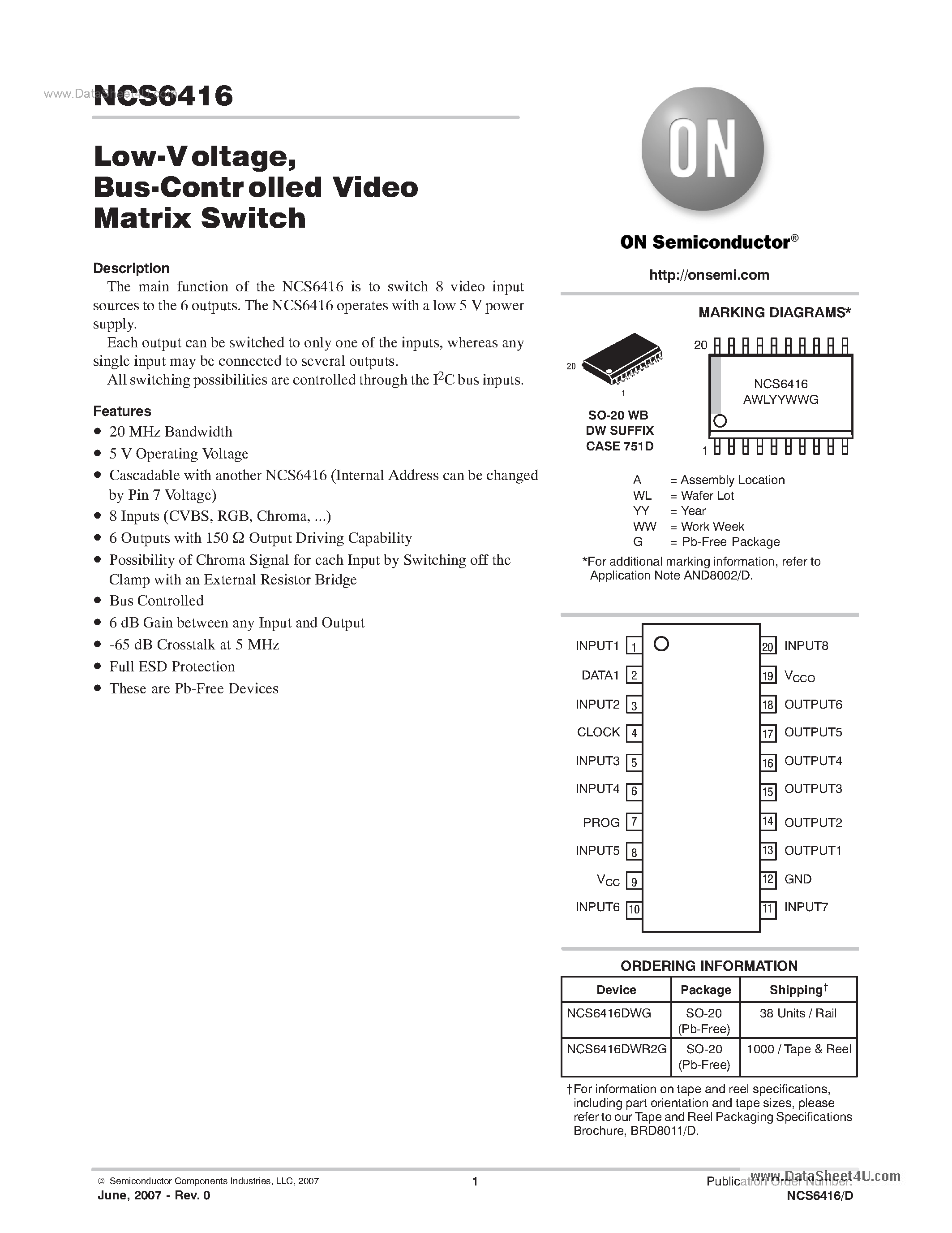 Datasheet NCS6416 page 1 Datasheet NCS6416 - Bus-Controlled Video Matrix Switch page 1