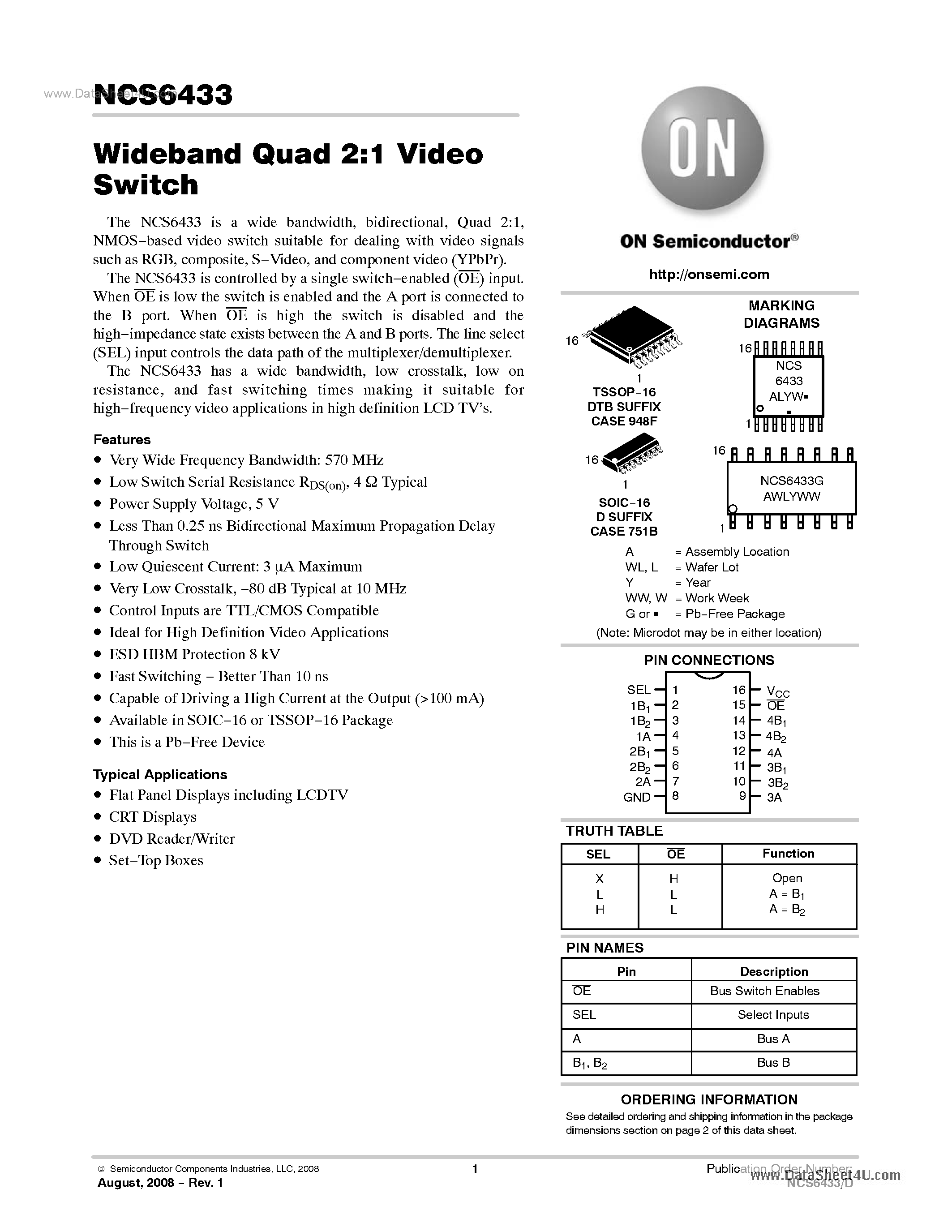 Datasheet NCS6433 - Wideband Quad 2:1 Video Switch page 1