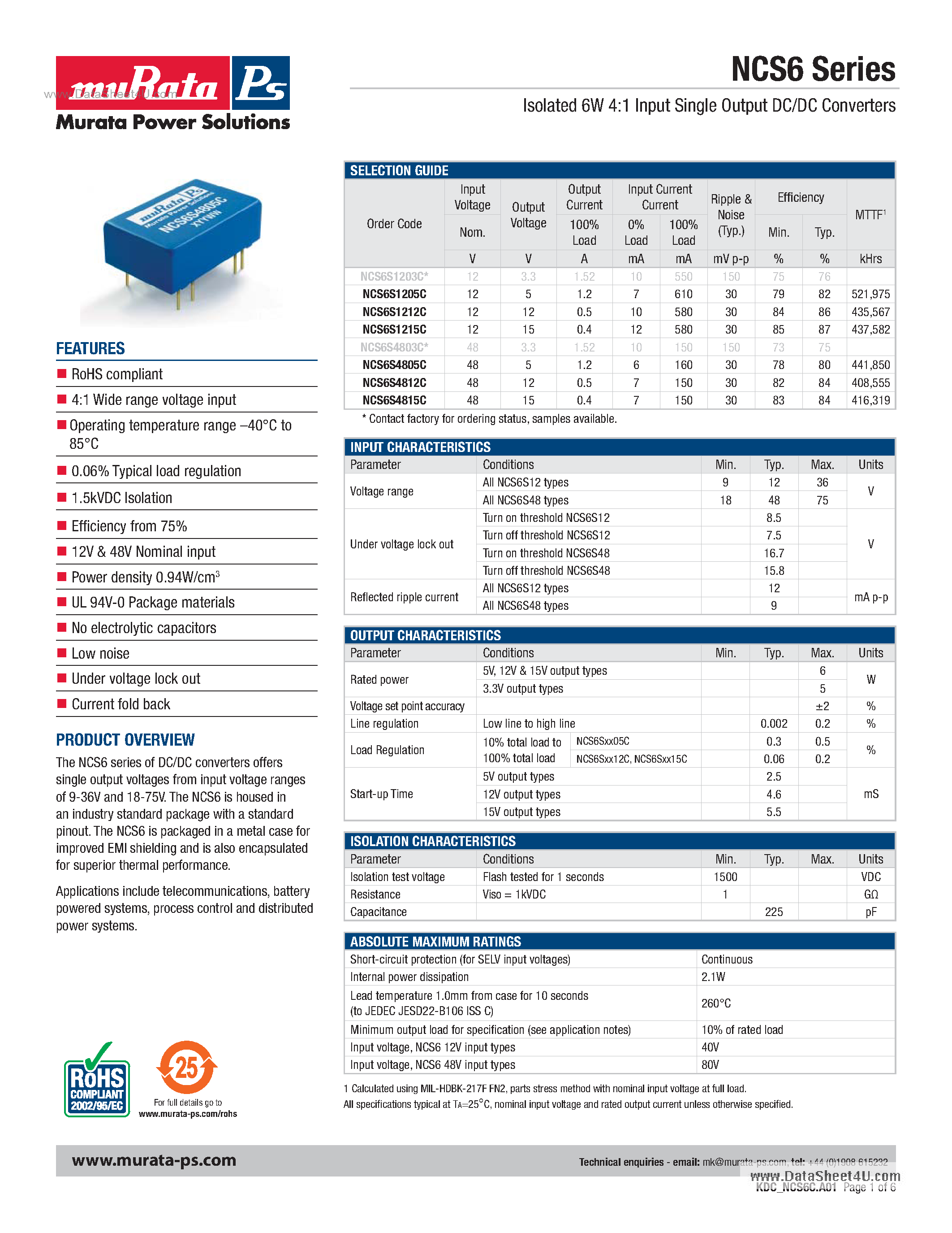 Даташит на микросхему NCS6 страница 1 Даташит NCS6 - Wide Input Voltage Range And Industry Standard Footprint Simplify Design-in Of 6W Single Output DC/DC Converters страница 1