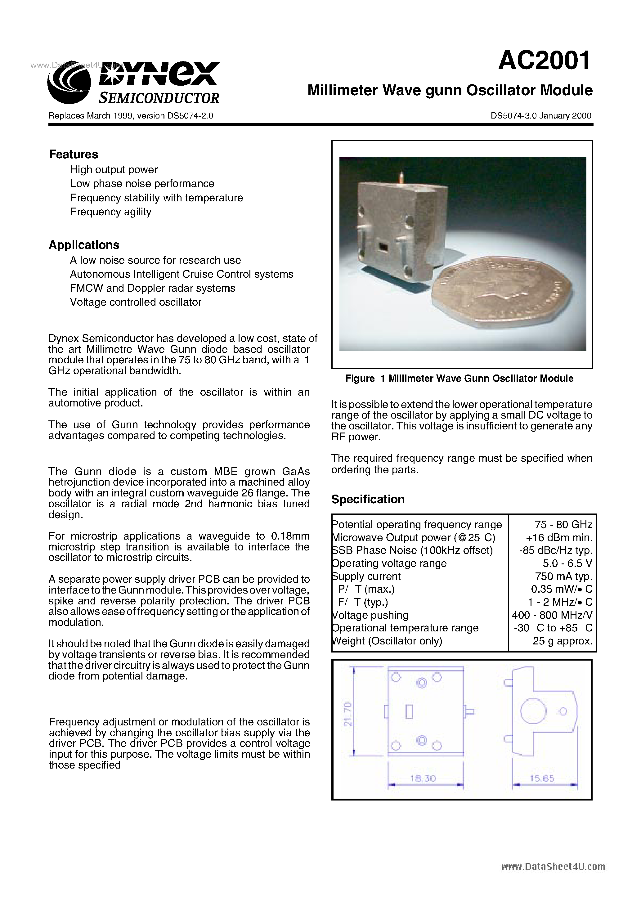Datasheet AC2001 - 75-80ghz Millimetre Wave Gunn Diode Oscillator page 1