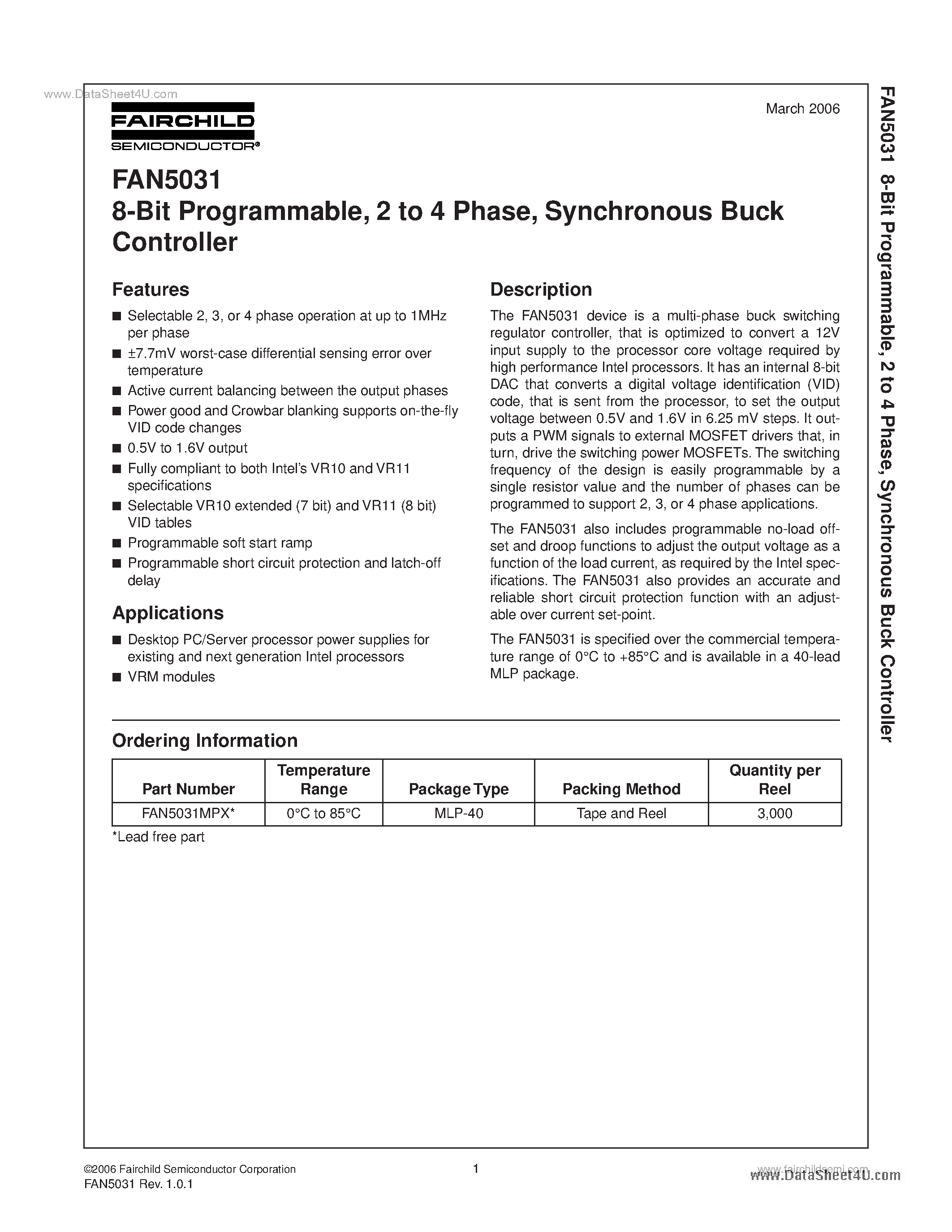 Datasheet FAN5031 - Synchronous Buck Controller page 1