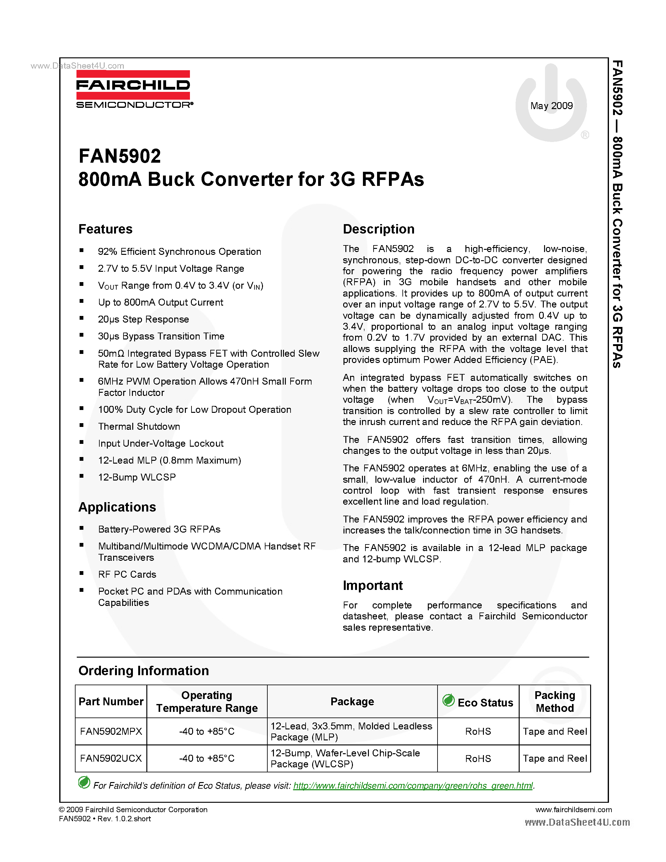 Даташит FAN5902 - 800mA Buck Converter страница 1