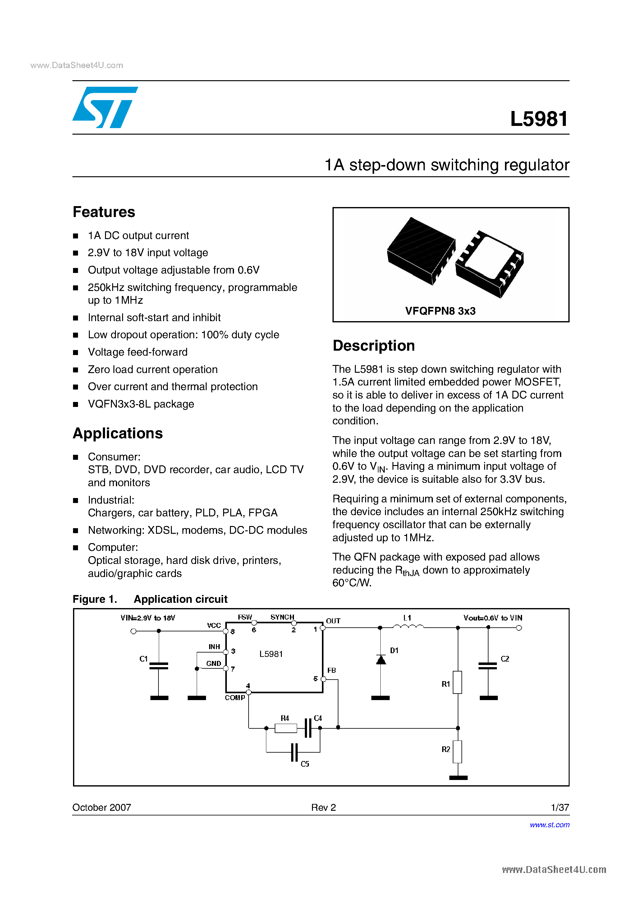 Даташит на микросхему L5981 страница 1 Даташит L5981 - 1A step-down switching regulator страница 1