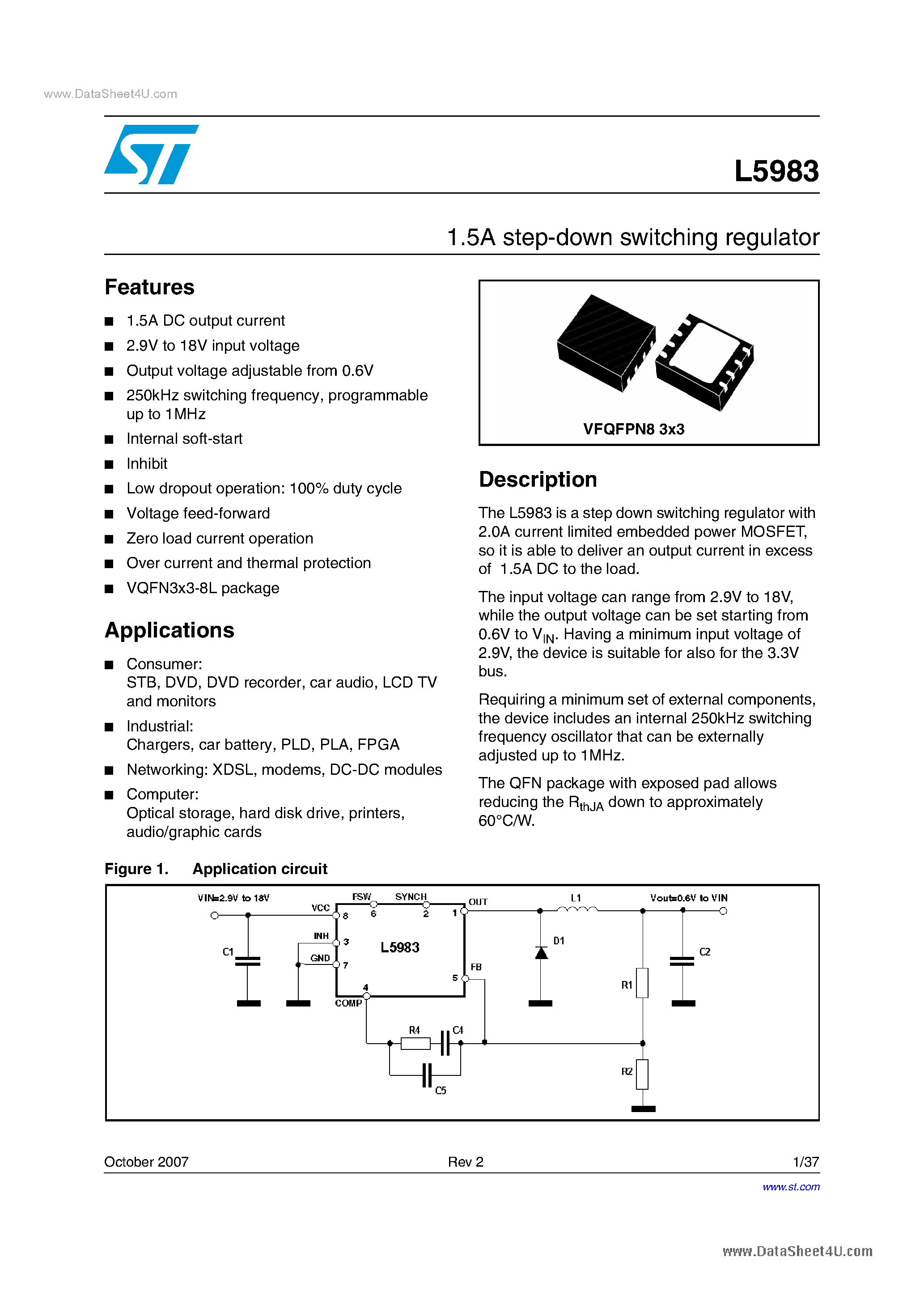 Даташит на микросхему L5983 страница 1 Даташит L5983 - 1.5A step-down switching regulator страница 1