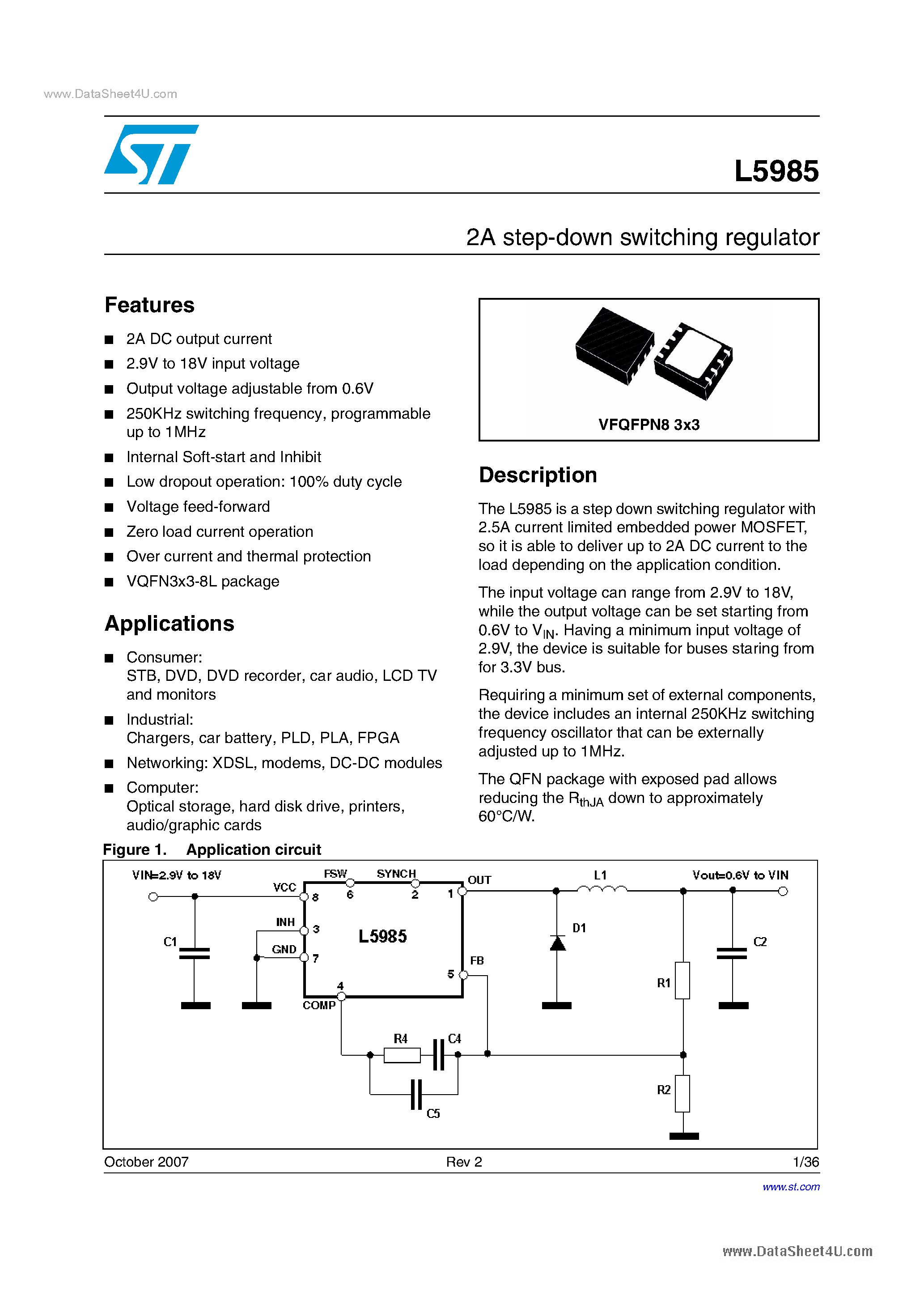 Даташит на микросхему L5985 страница 1 Даташит L5985 - 2A step-down switching regulator страница 1