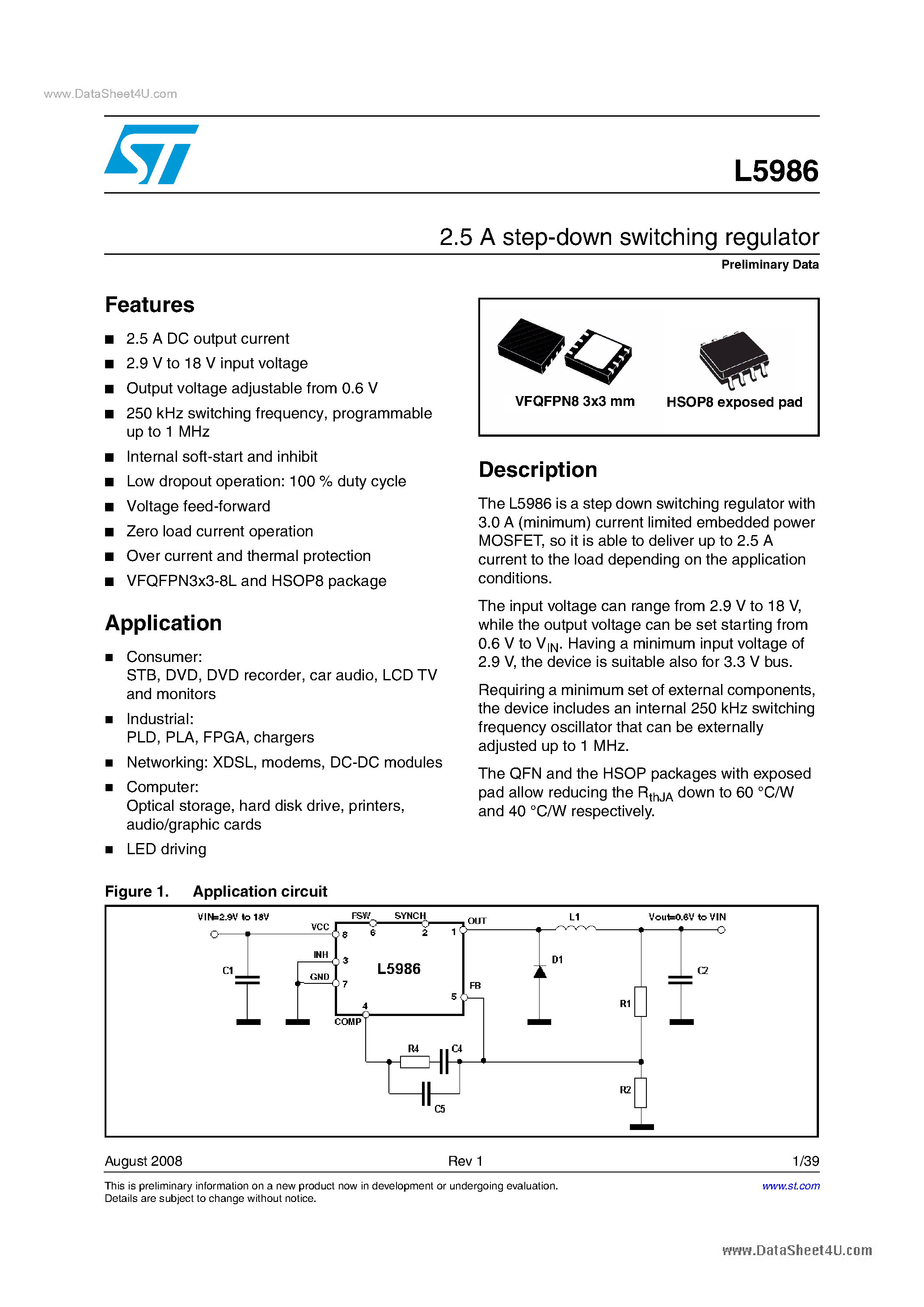 Datasheet L5986 page 1 Datasheet L5986 - 2.5A step-down switching regulator page 1