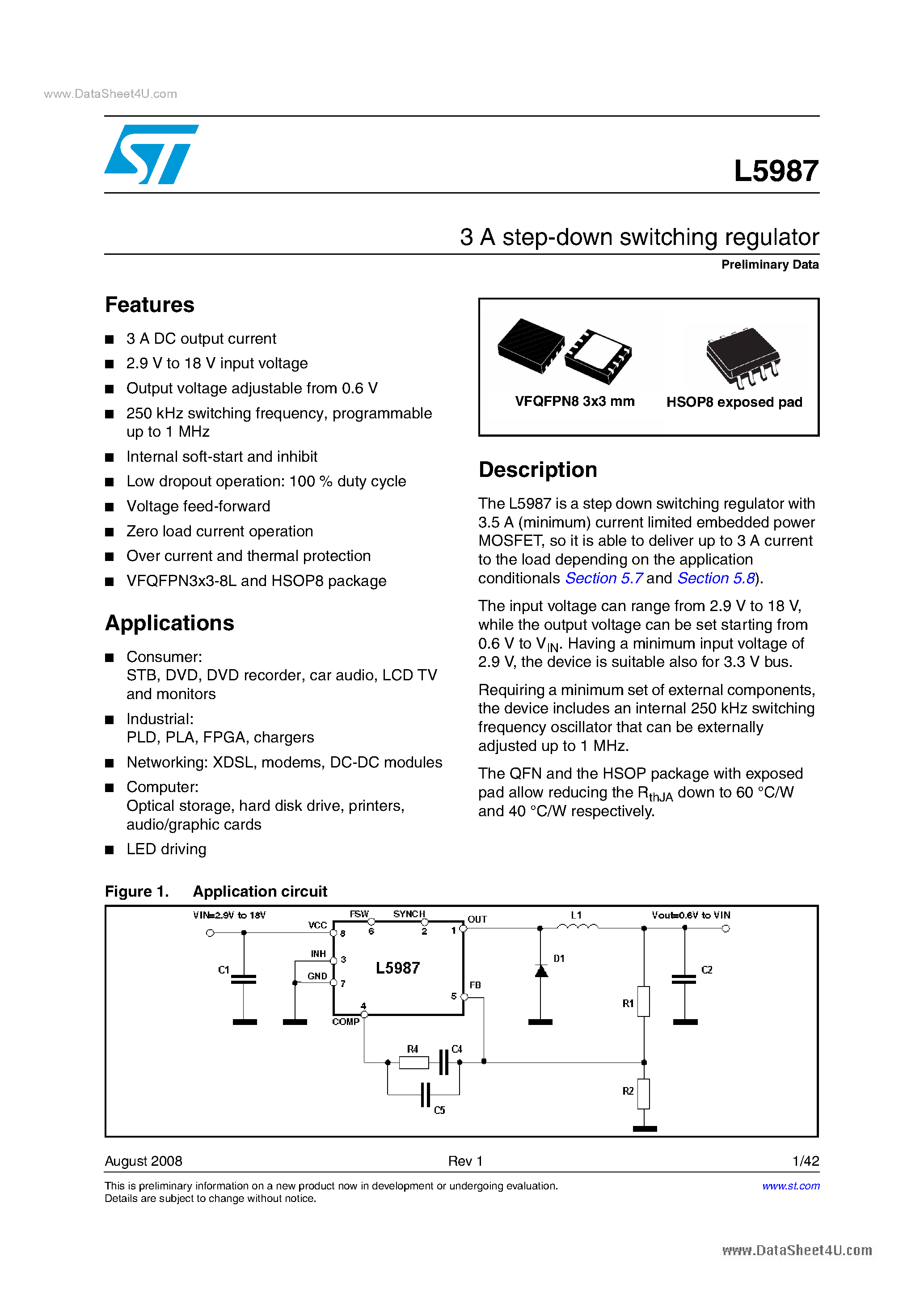Даташит на микросхему L5987 страница 1 Даташит L5987 - 3A step-down switching regulator страница 1