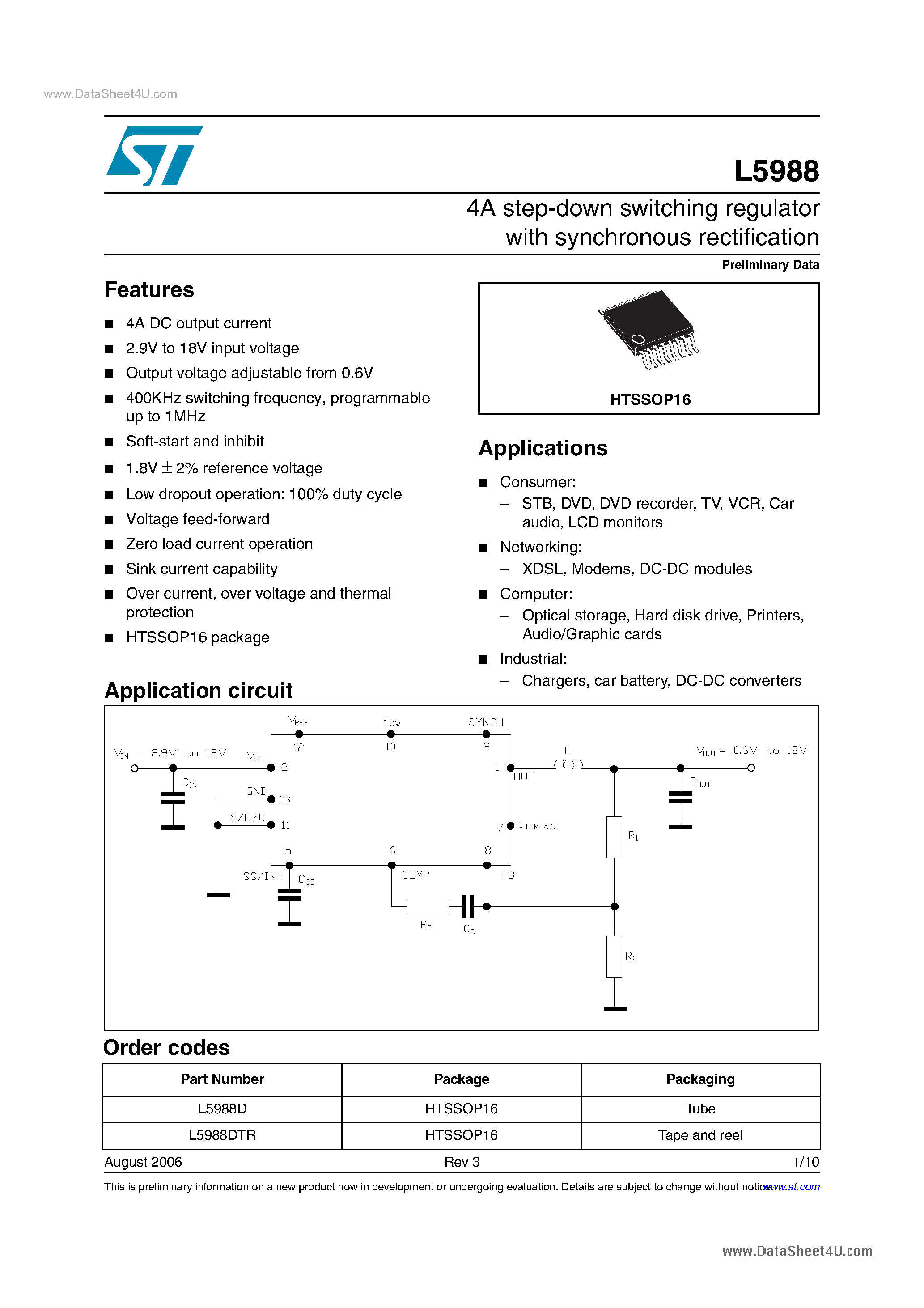 Даташит на микросхему L5988 страница 1 Даташит L5988 - 4A step-down switching regulator страница 1