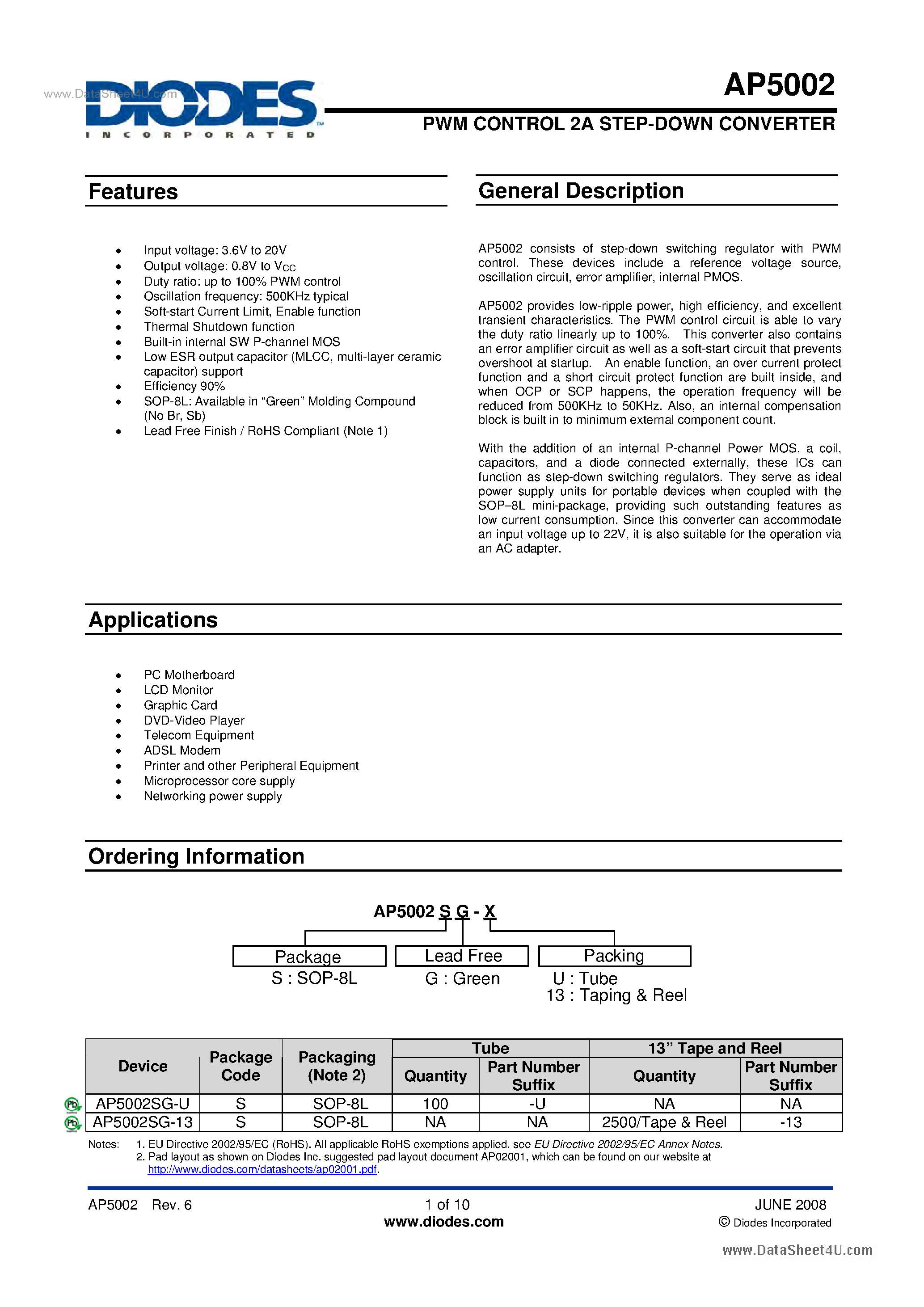 Даташит на микросхему AP5002 страница 1 Даташит AP5002 - PWM CONTROL 2A STEP-DOWN CONVERTER страница 1