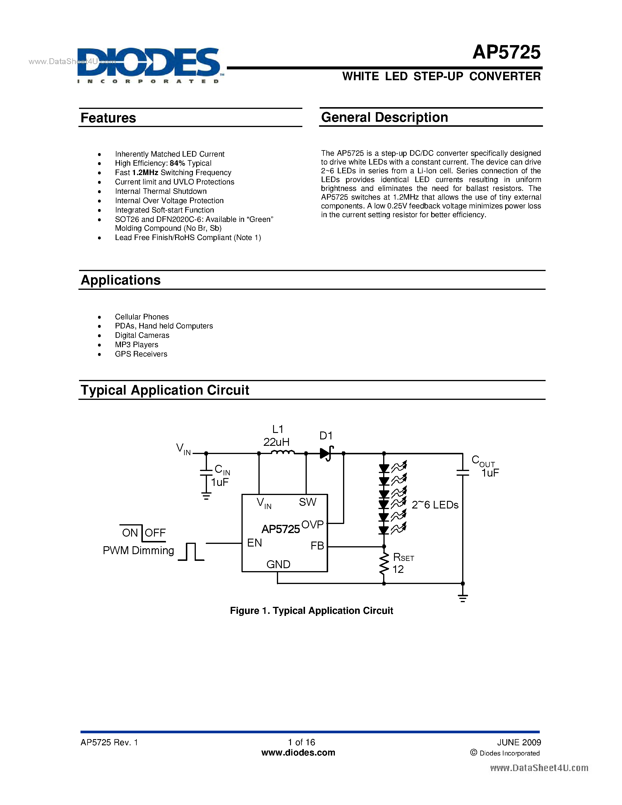 Даташит на микросхему AP5725 страница 1 Даташит AP5725 - Step-up DC/DC Converter страница 1