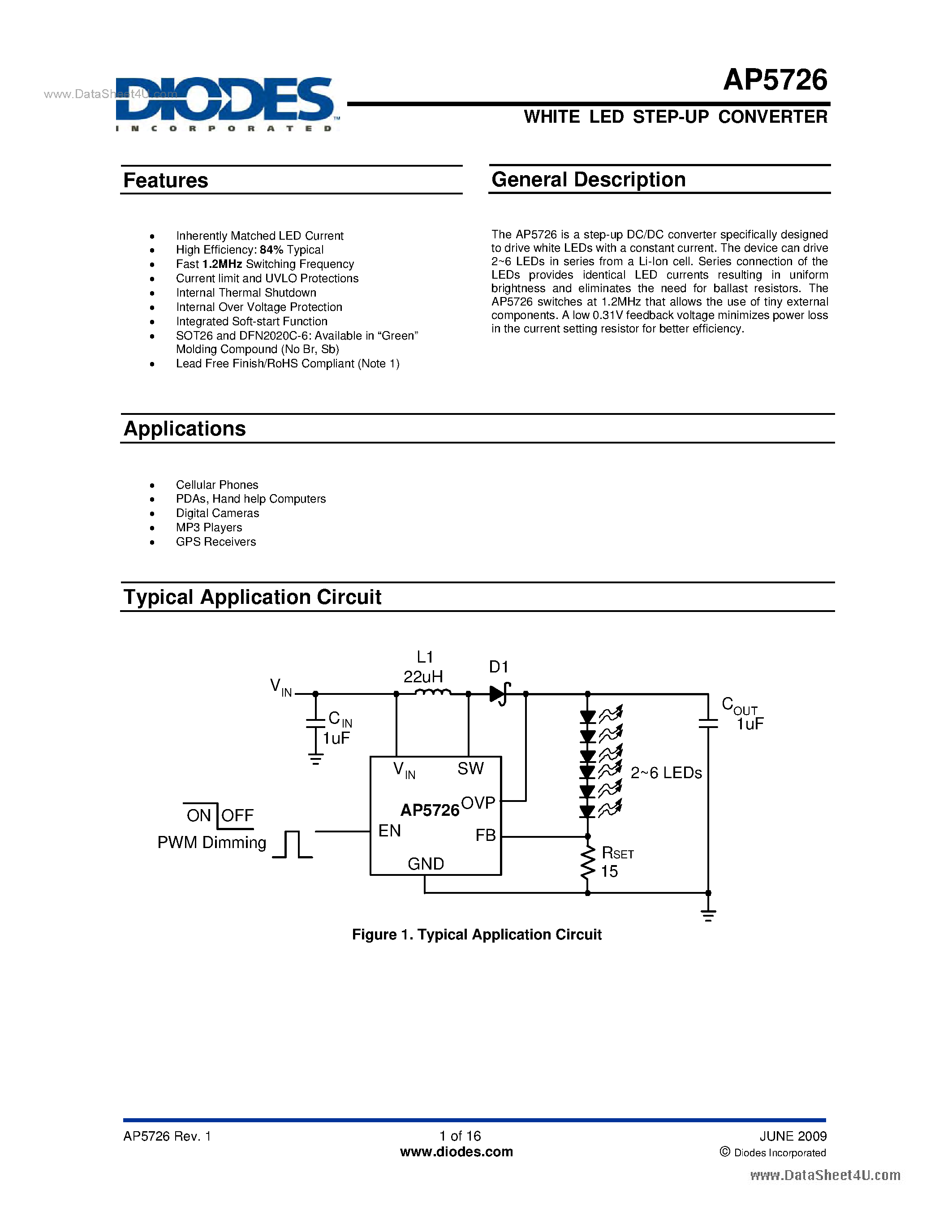 Даташит на микросхему AP5726 страница 1 Даташит AP5726 - Step-up DC/DC Converter страница 1
