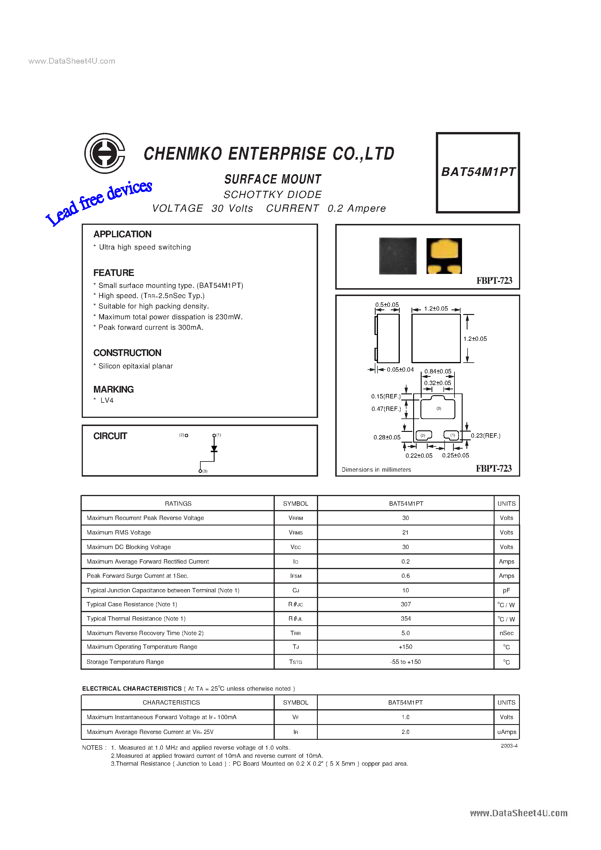 Datasheet BAT54M1PT - SCHOTTKY DIODE page 1