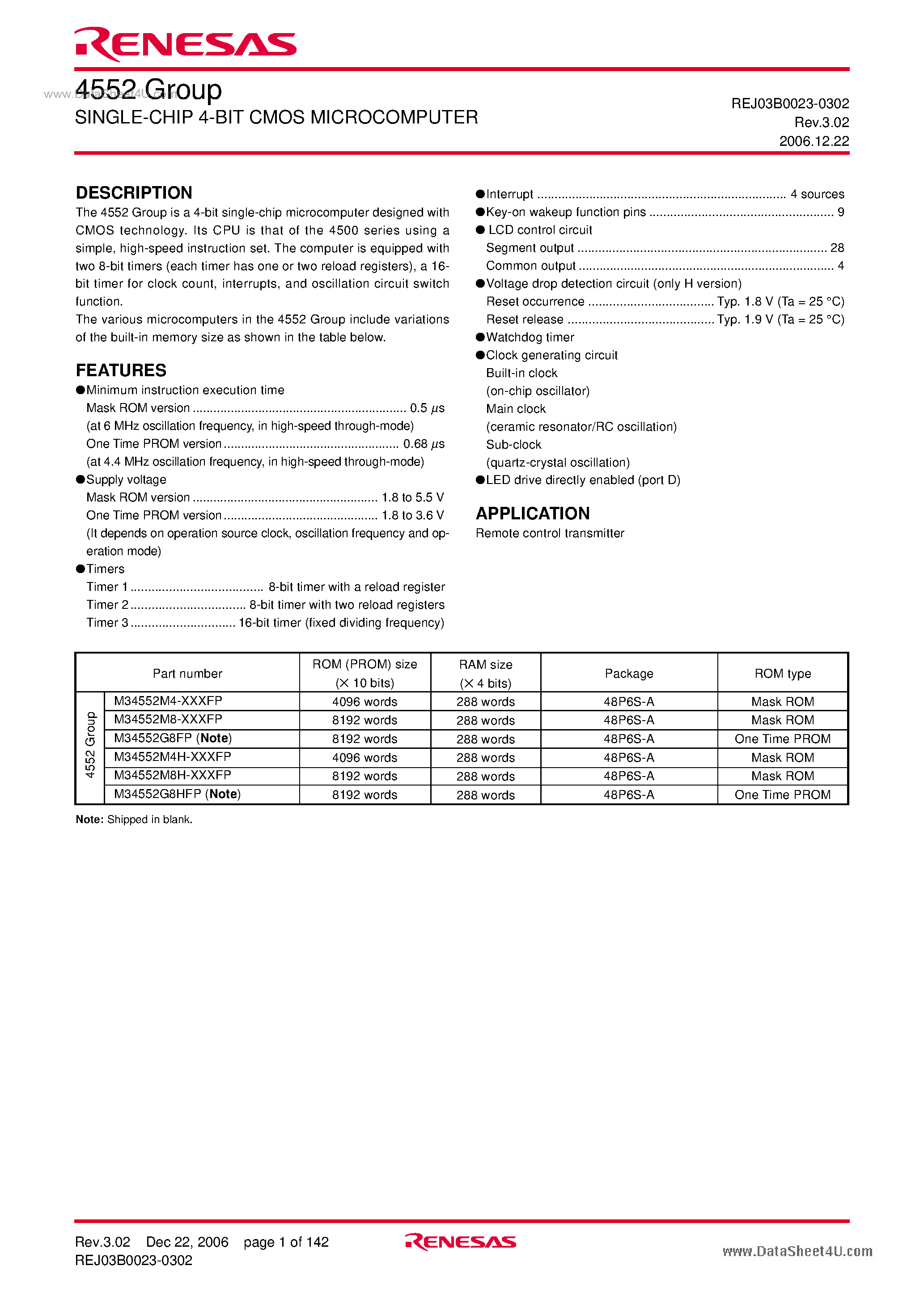 Datasheet M34552 - SINGLE-CHIP 4-BIT CMOS MICROCOMPUTER page 1