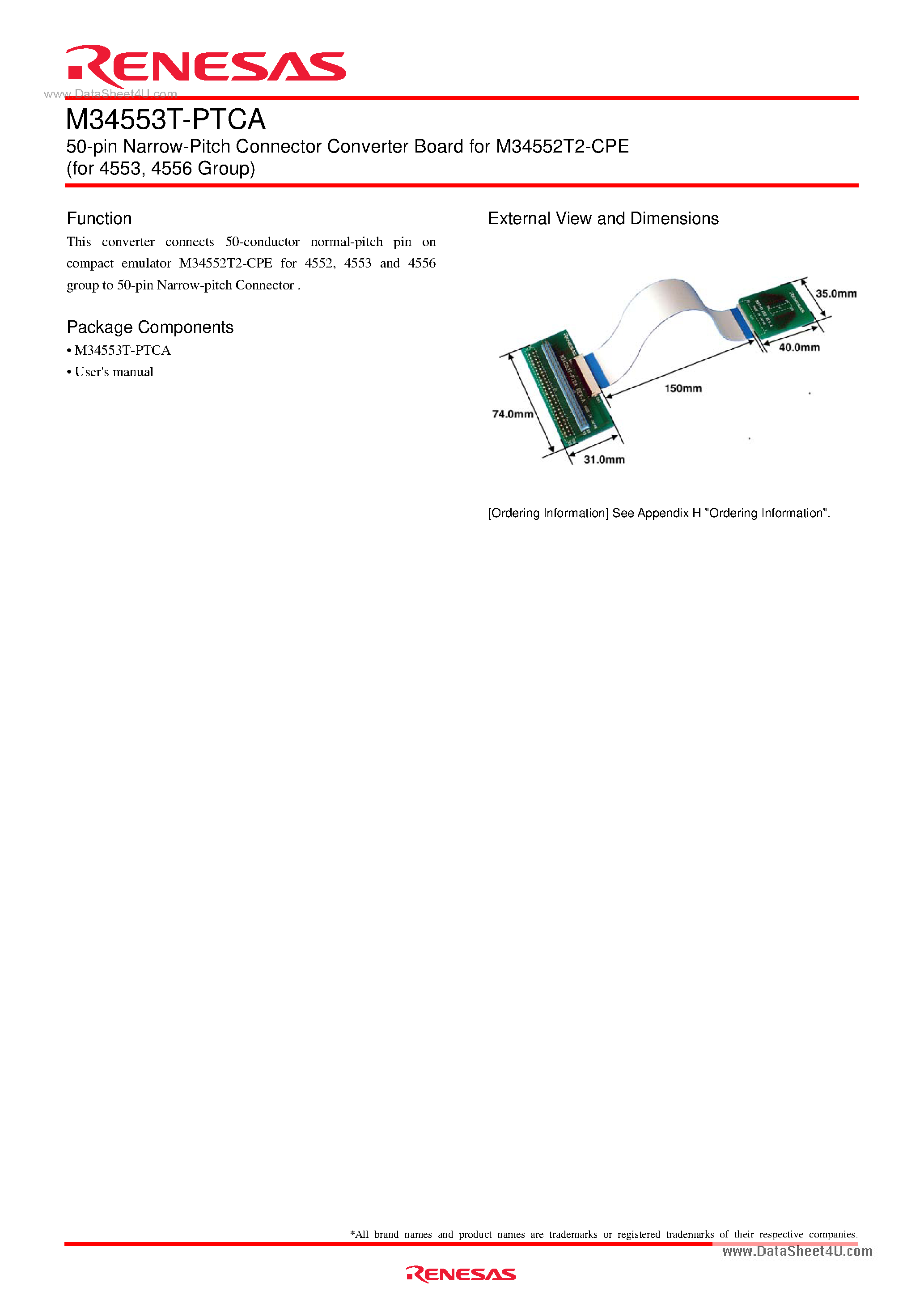 Даташит на микросхему M34553T-PTCA страница 1 Даташит M34553T-PTCA - 50-pin Narrow-Pitch Connector Converter Board страница 1