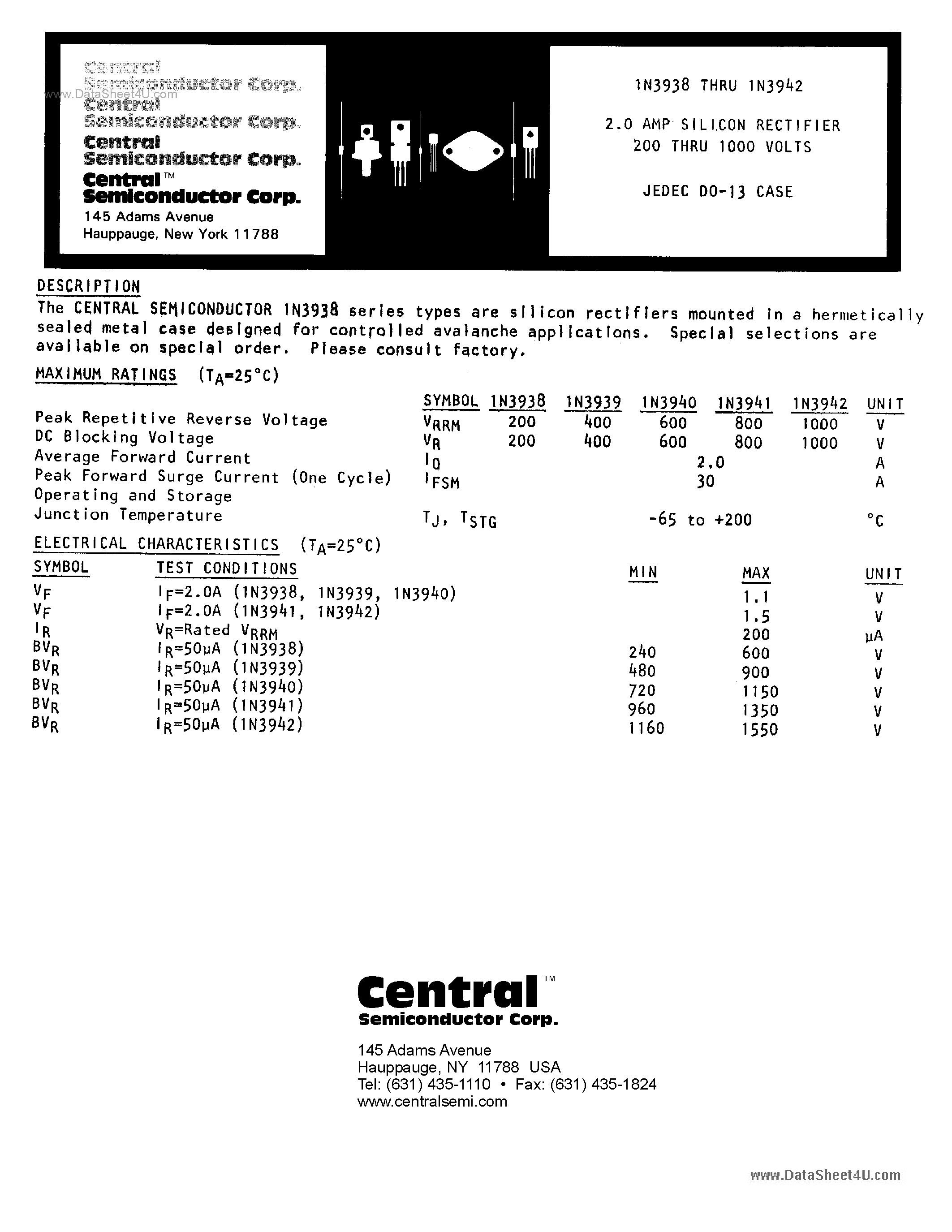 Даташит 1N3938 - (1N3938 - 1N3942) 2A Silicon Rectifier страница 1
