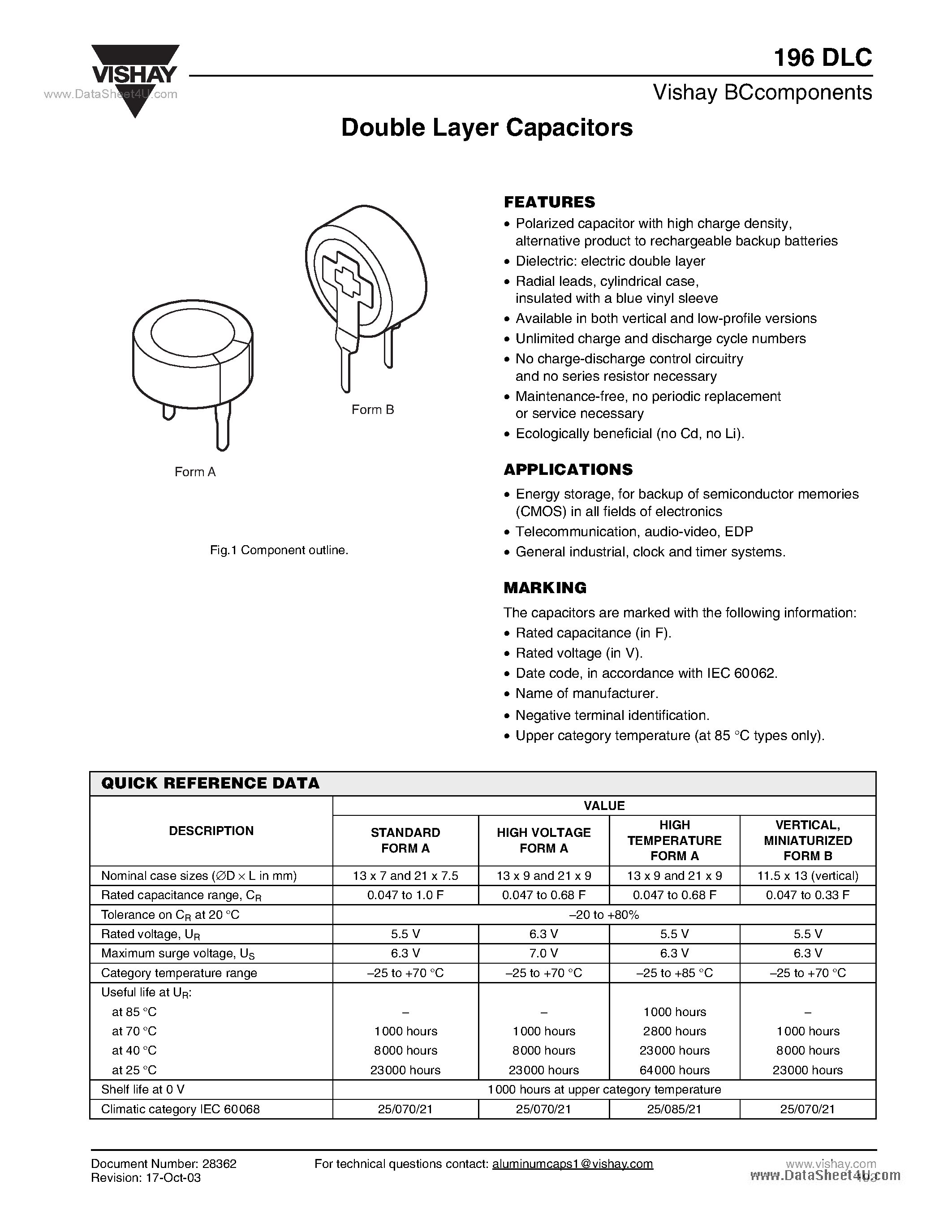 Datasheet 196DLC page 1 Datasheet 196DLC - Double Layer Capacitors page 1