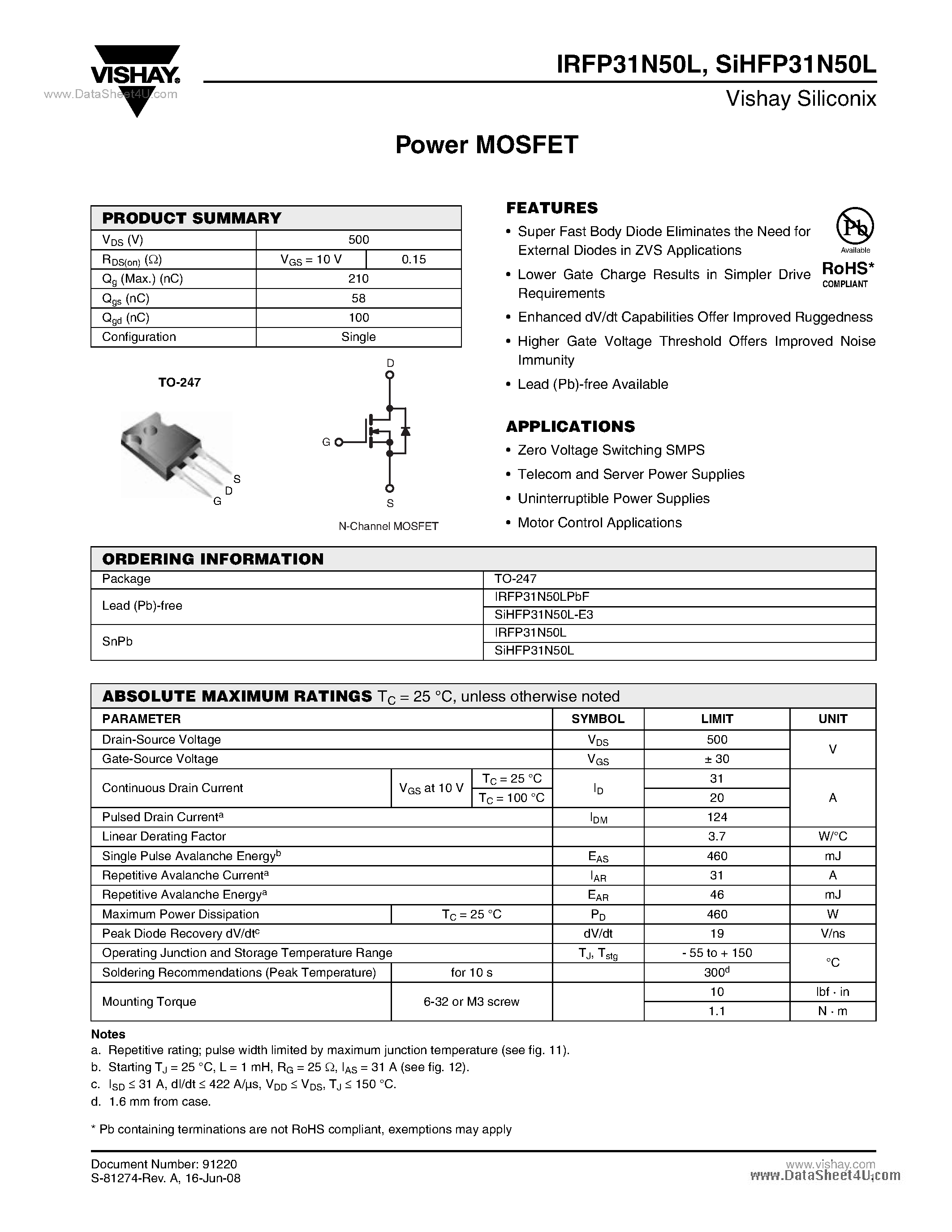 Datasheet IRFP31N50L - Power MOSFET page 1