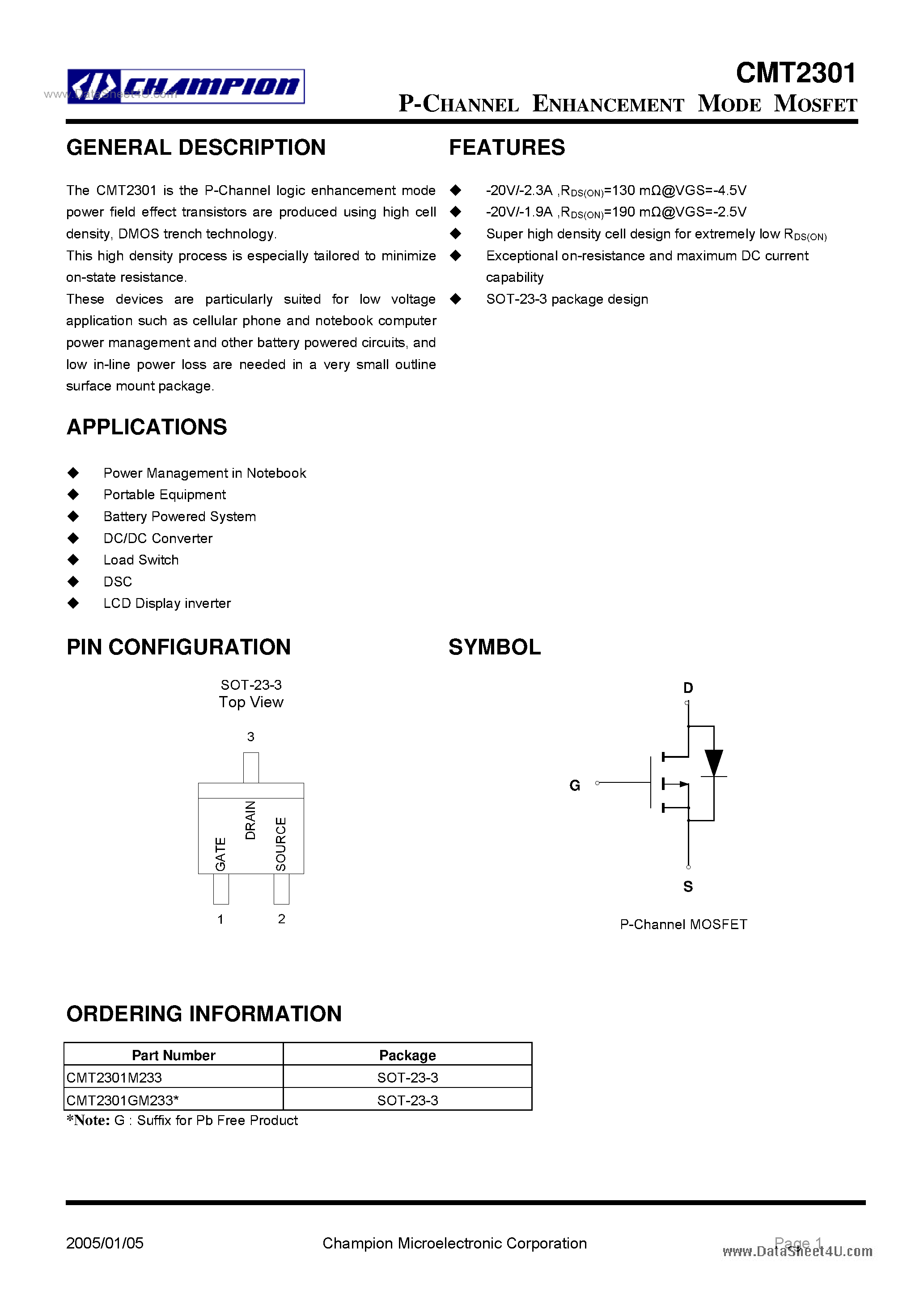Datasheet CMT2301 - P-Channel Enhancement Mode MOSFET page 1