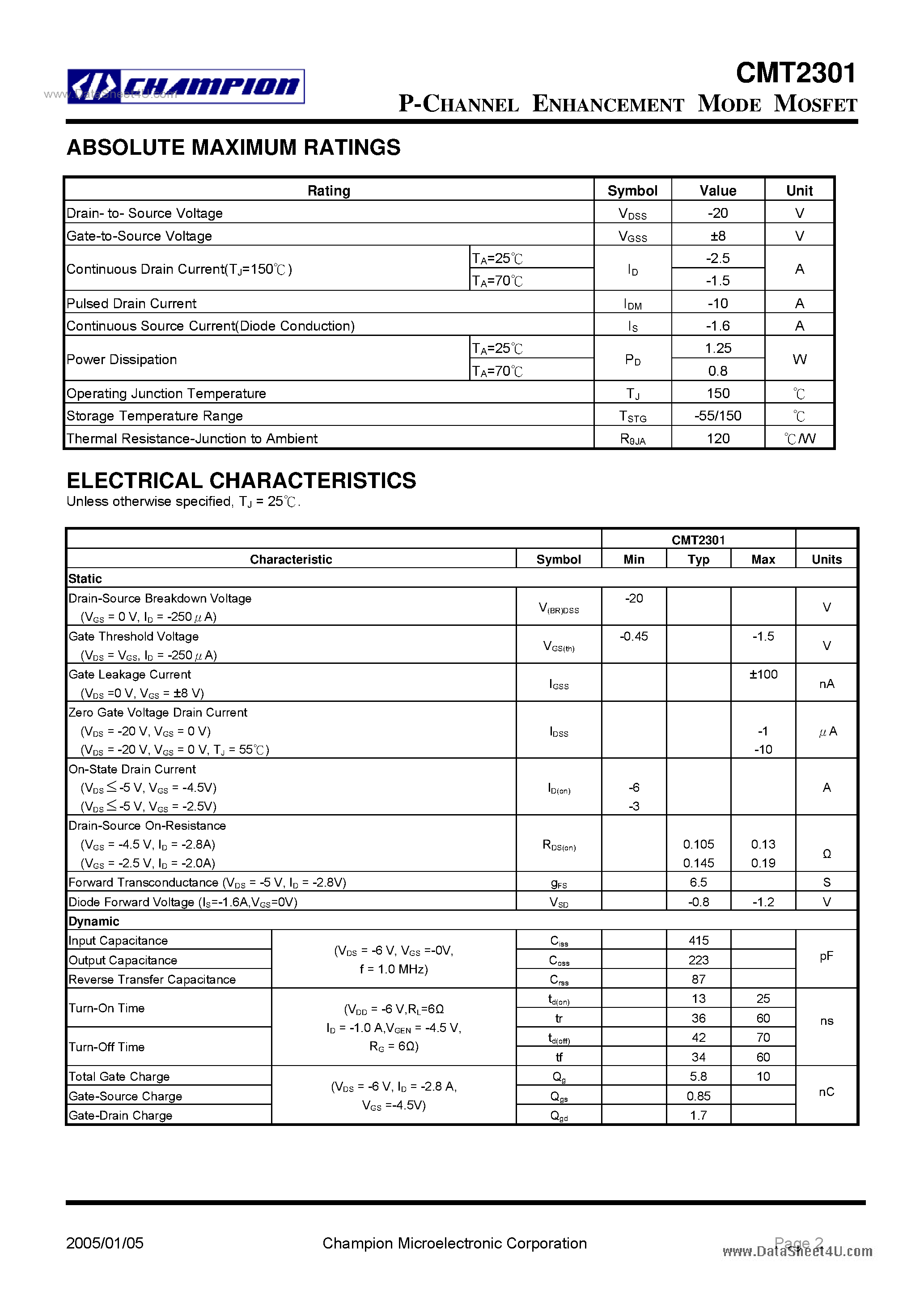 Datasheet CMT2301 - P-Channel Enhancement Mode MOSFET page 2