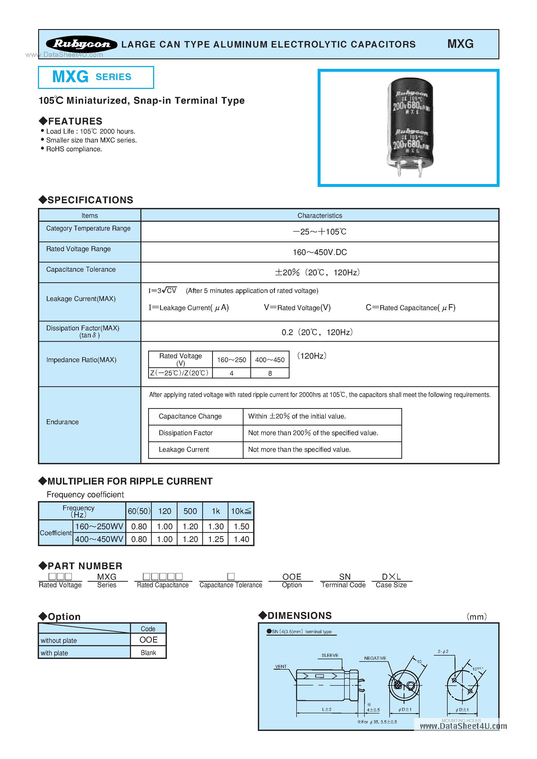 Datasheet MXG - LARGE CAN TYPE ALUMINUM ELECTROLYTIC CAPACITORS page 1