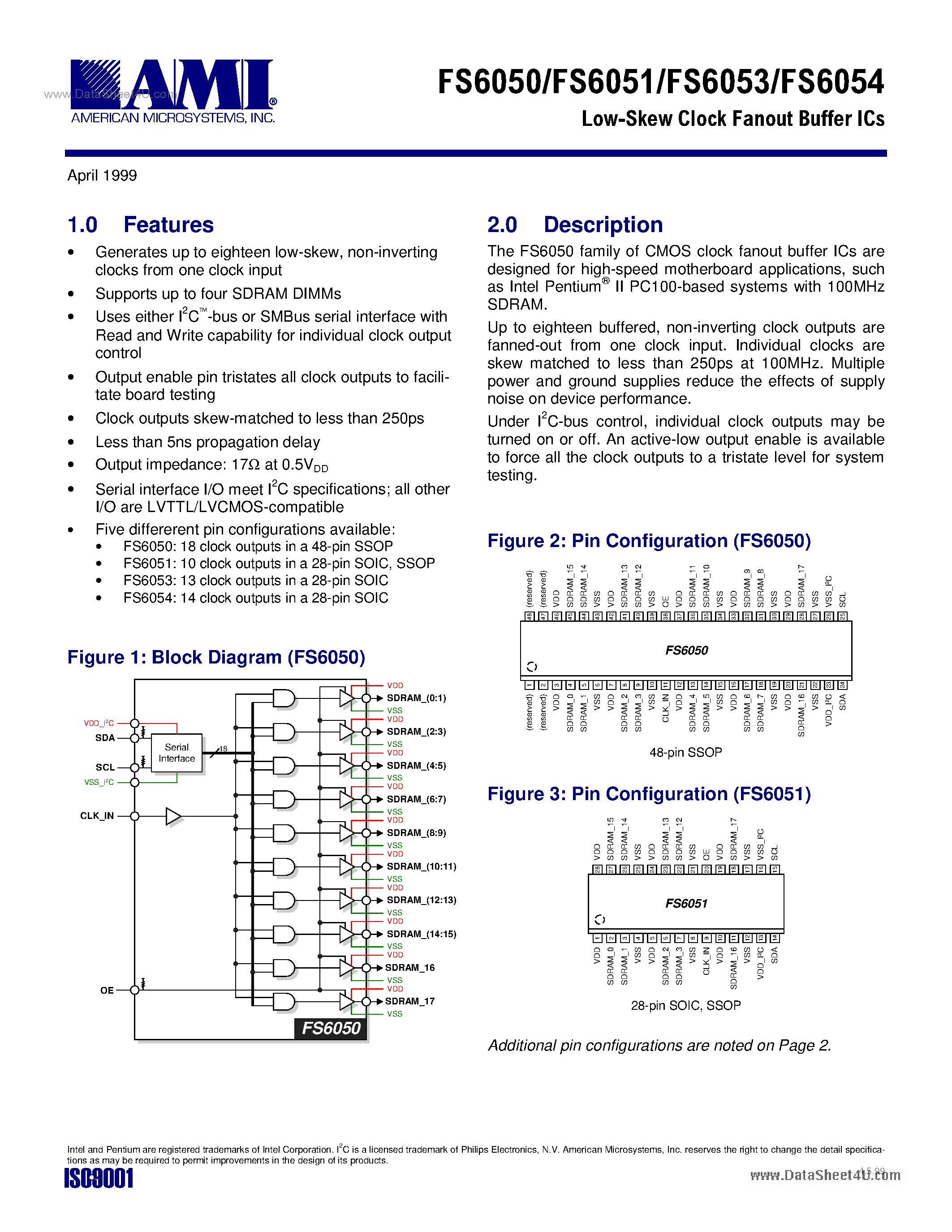 Datasheet FS6050 - (FS6050 - FS6054) LOW-SKEW CLOCK FANOUT BUFFER ICs page 1