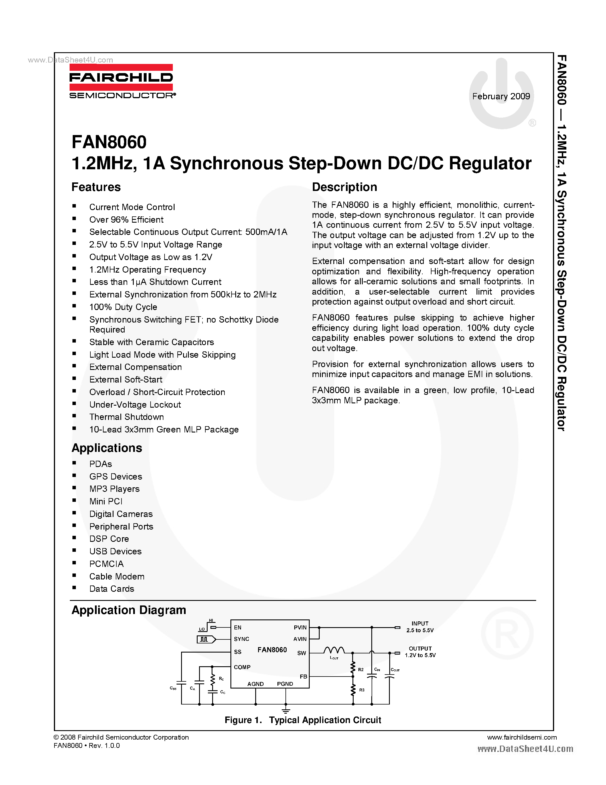Даташит FAN8060 - 1A Synchronous Step-Down DC/DC Converter страница 1