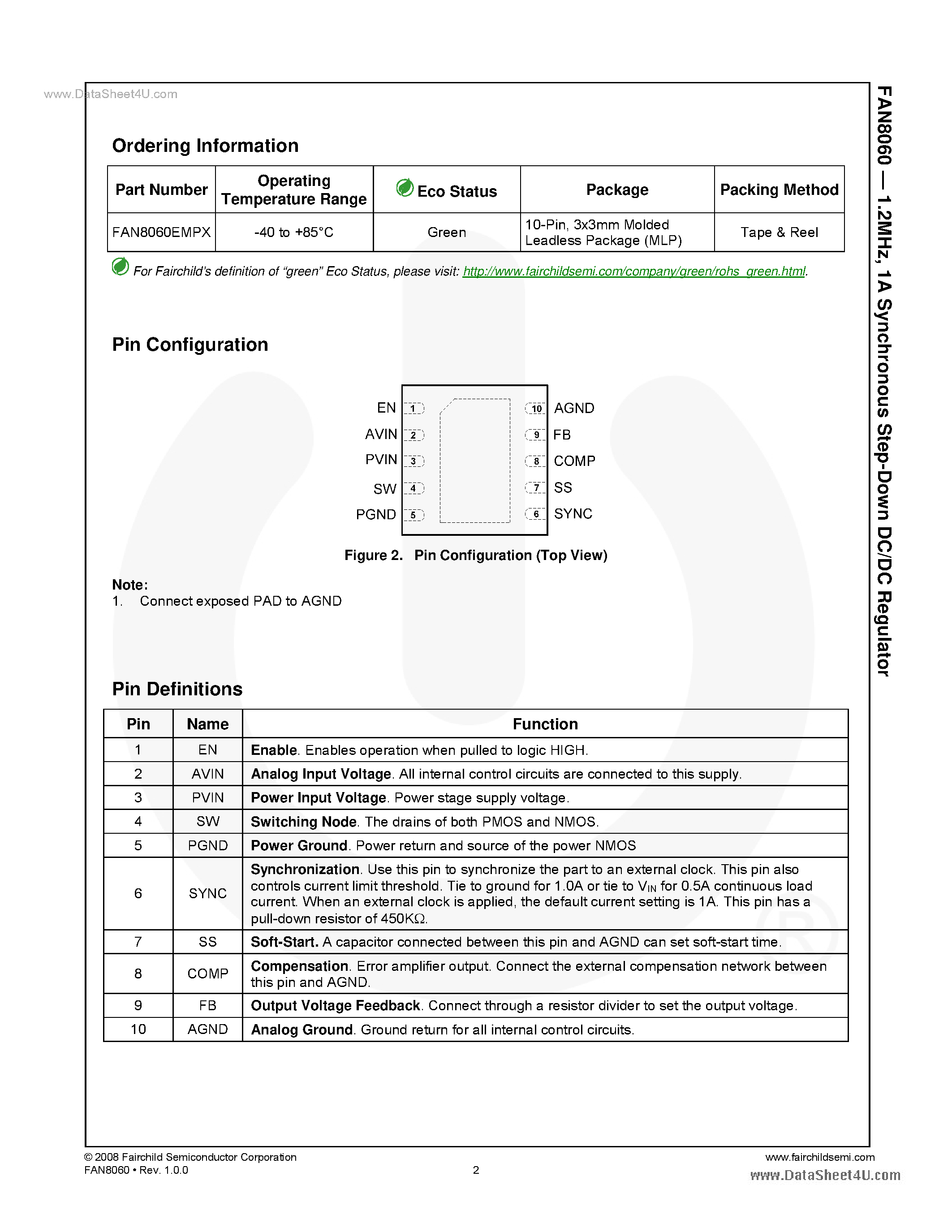 Даташит FAN8060 - 1A Synchronous Step-Down DC/DC Converter страница 2