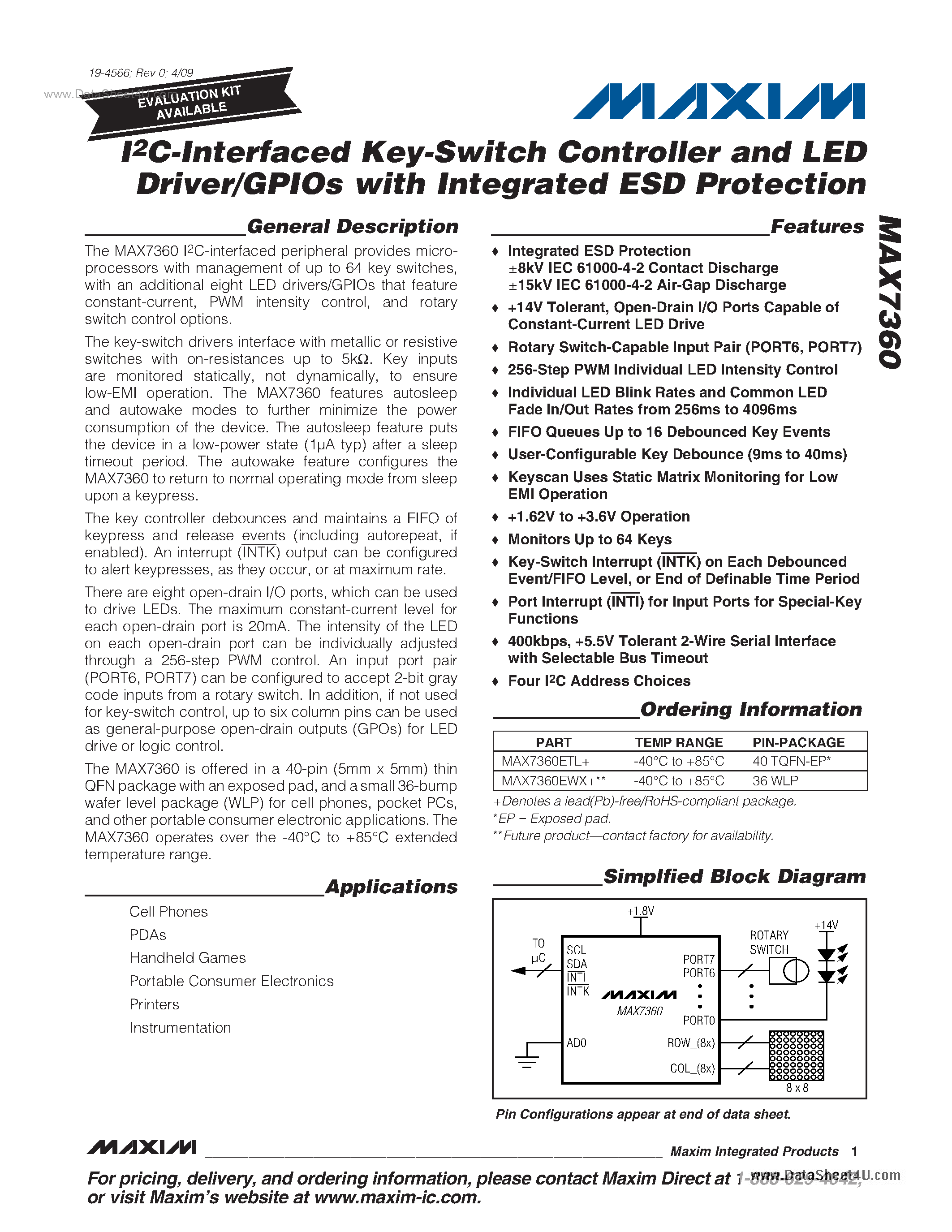 Datasheet MAX7360 page 1 Datasheet MAX7360 - Key-Switch Controller And LED Driver/GPIOs page 1
