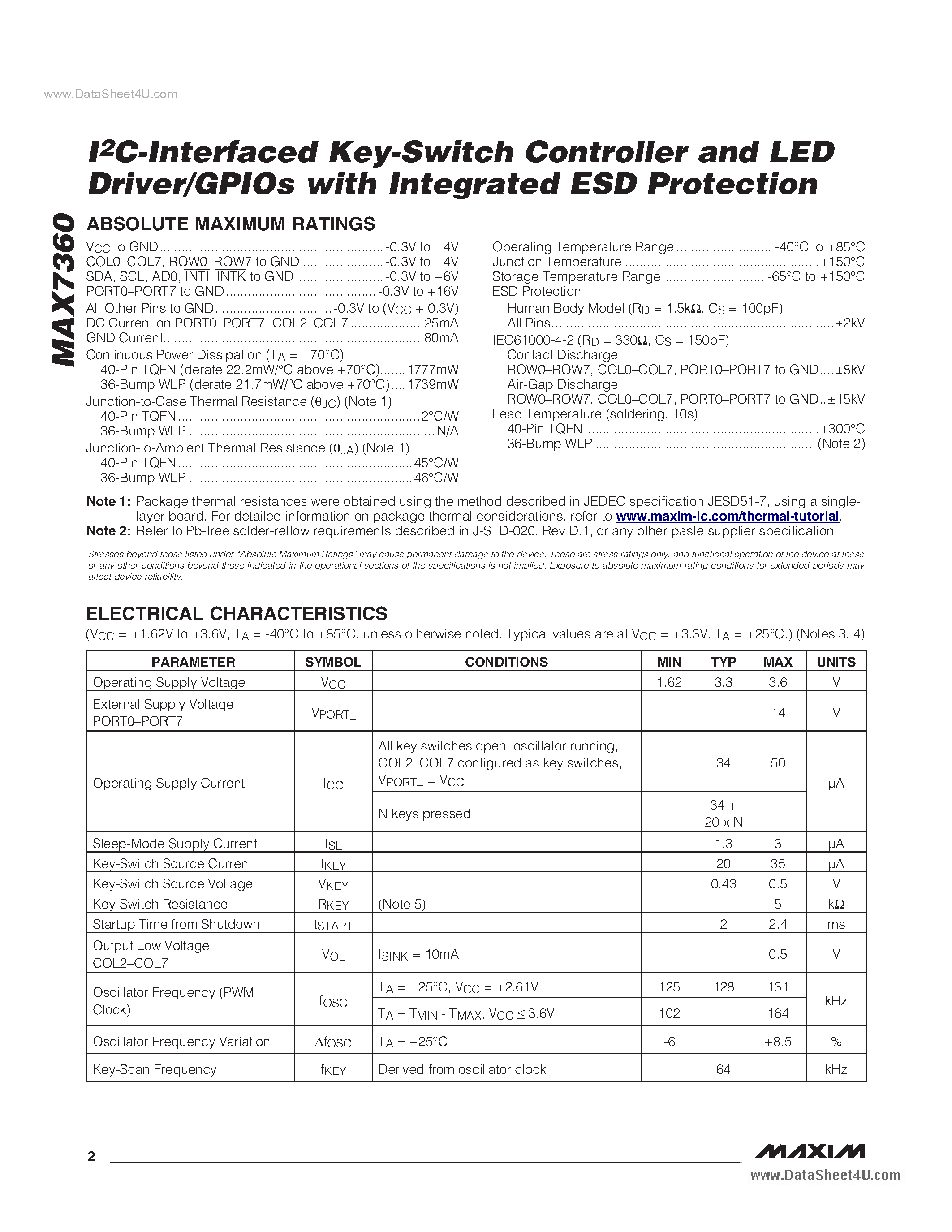 Datasheet MAX7360 page 2 Datasheet MAX7360 - Key-Switch Controller And LED Driver/GPIOs page 2