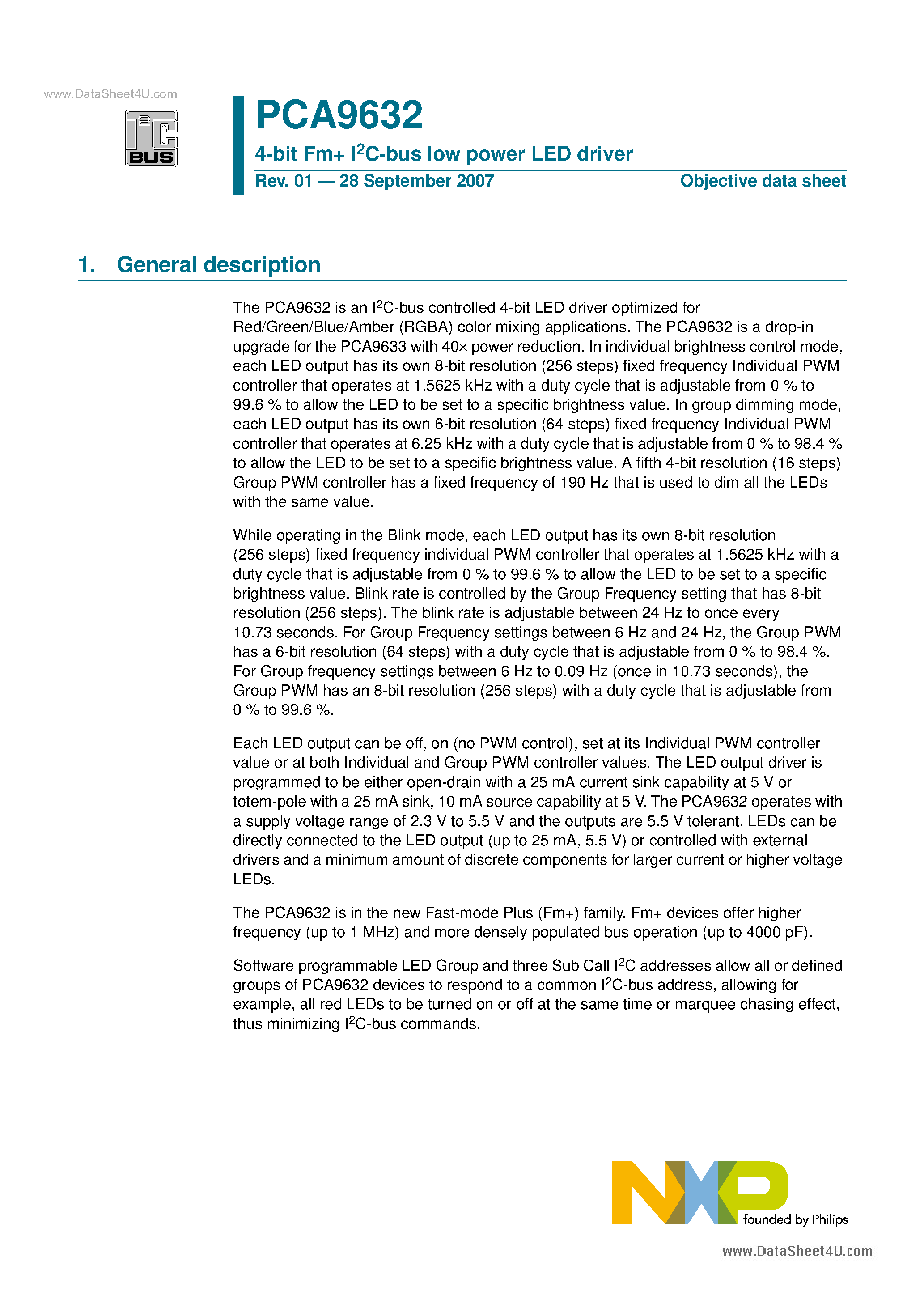 Datasheet PCA9632 - 4-bit Fm I2C-bus low power LED driver page 1