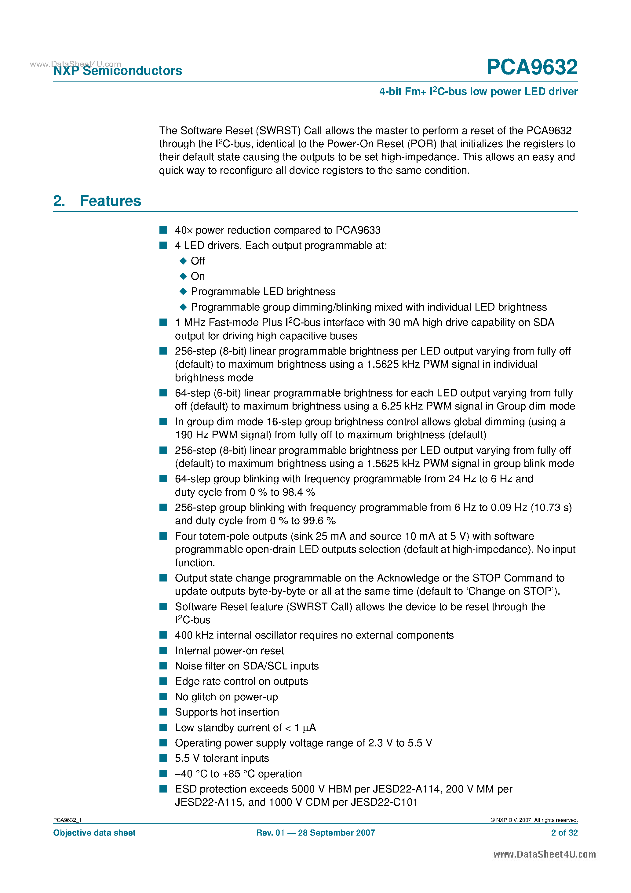 Datasheet PCA9632 - 4-bit Fm I2C-bus low power LED driver page 2