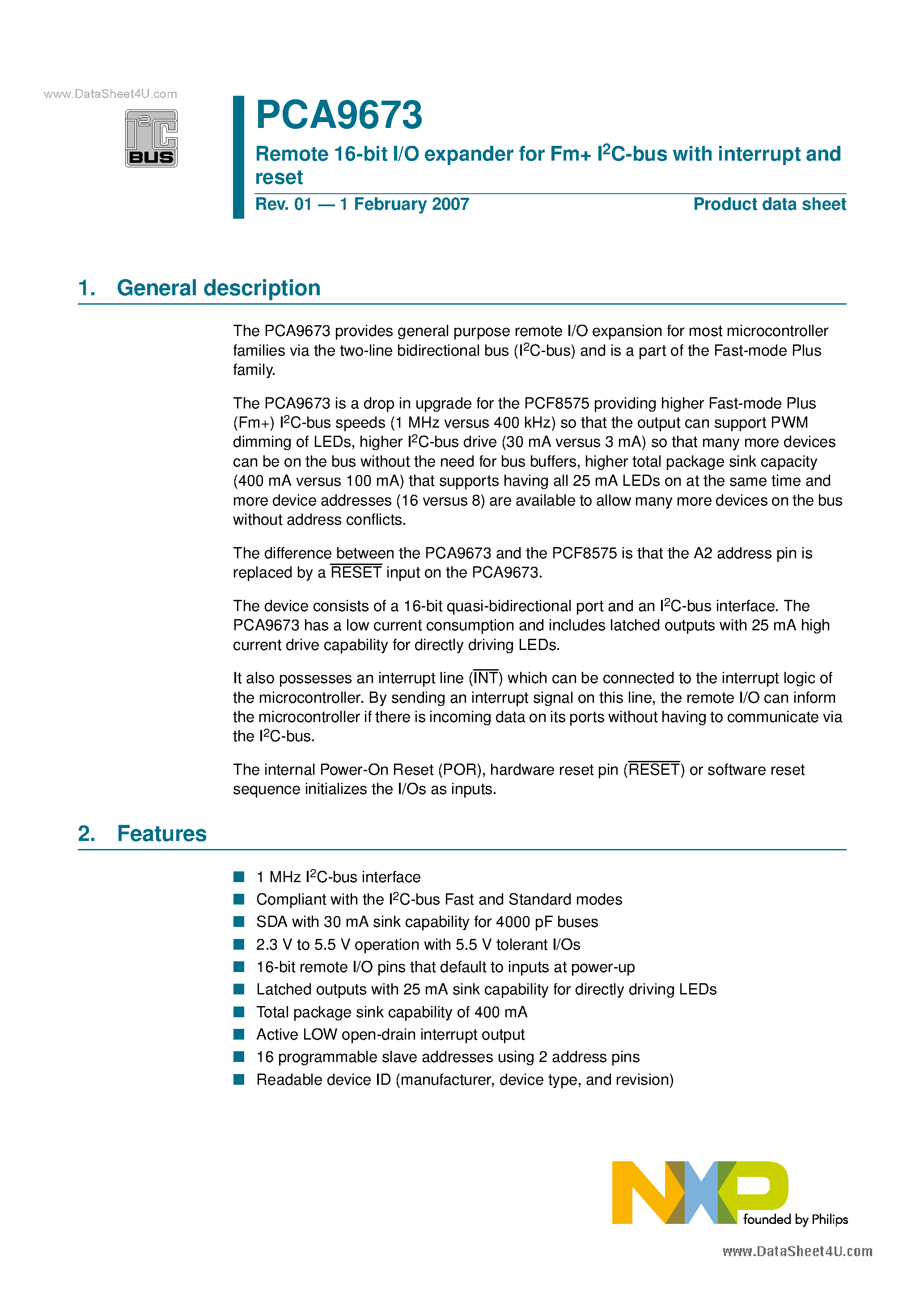 Даташит на микросхему PCA9673 страница 1 Даташит PCA9673 - Remote 16-bit I/O expander страница 1