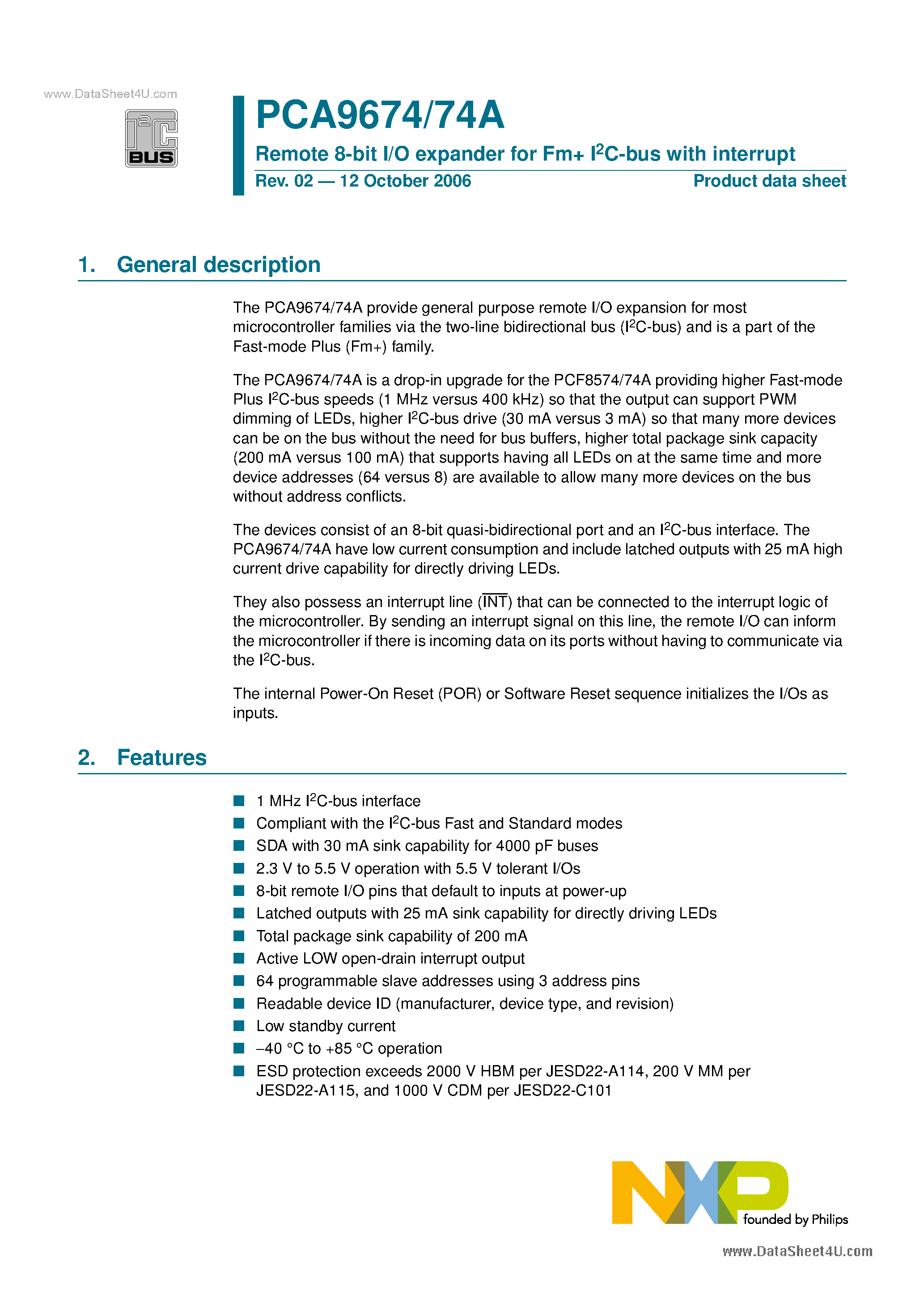 Даташит на микросхему PCA9674 страница 1 Даташит PCA9674 - Remote 8-bit I/O expander страница 1