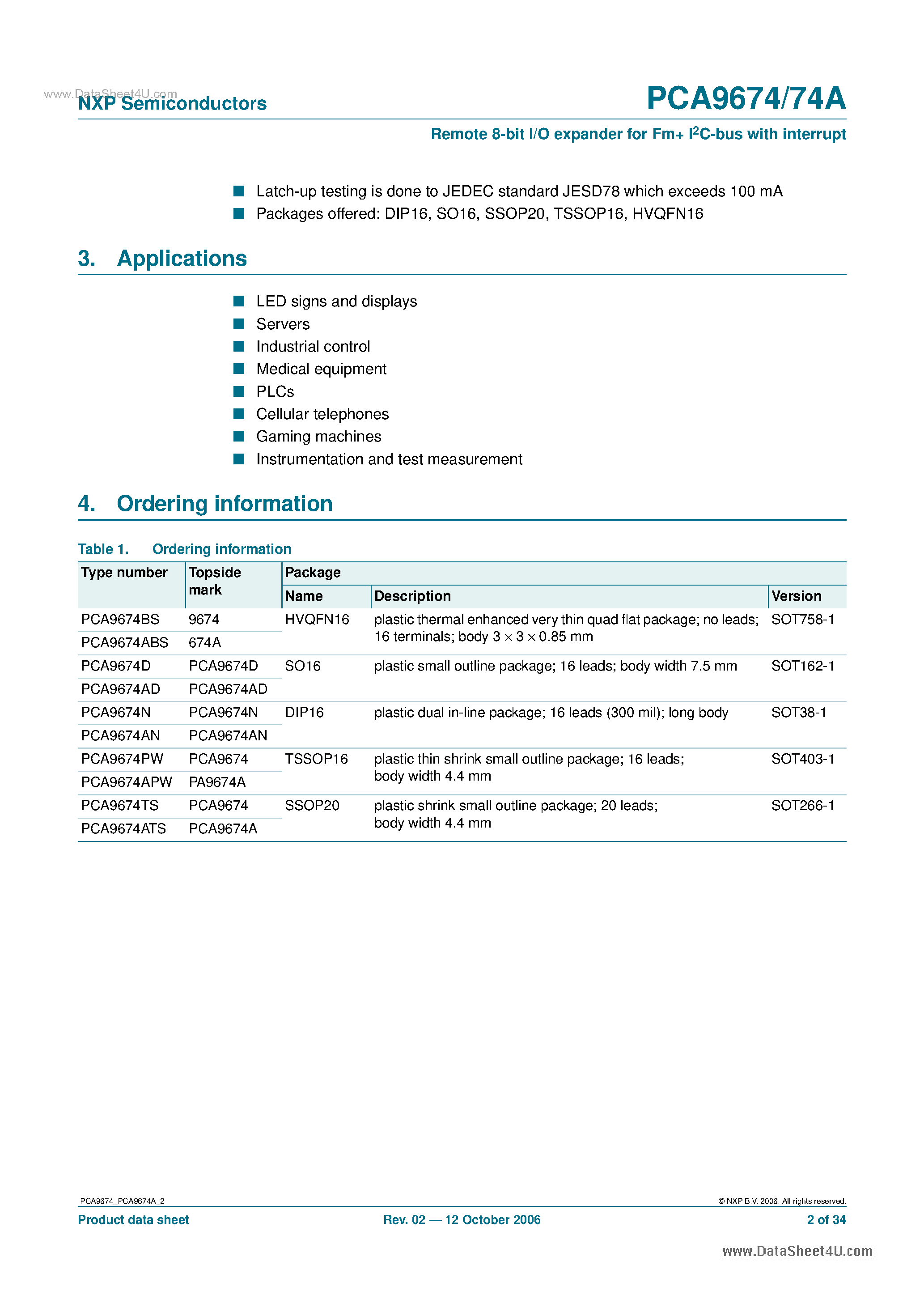 Даташит на микросхему PCA9674 страница 2 Даташит PCA9674 - Remote 8-bit I/O expander страница 2