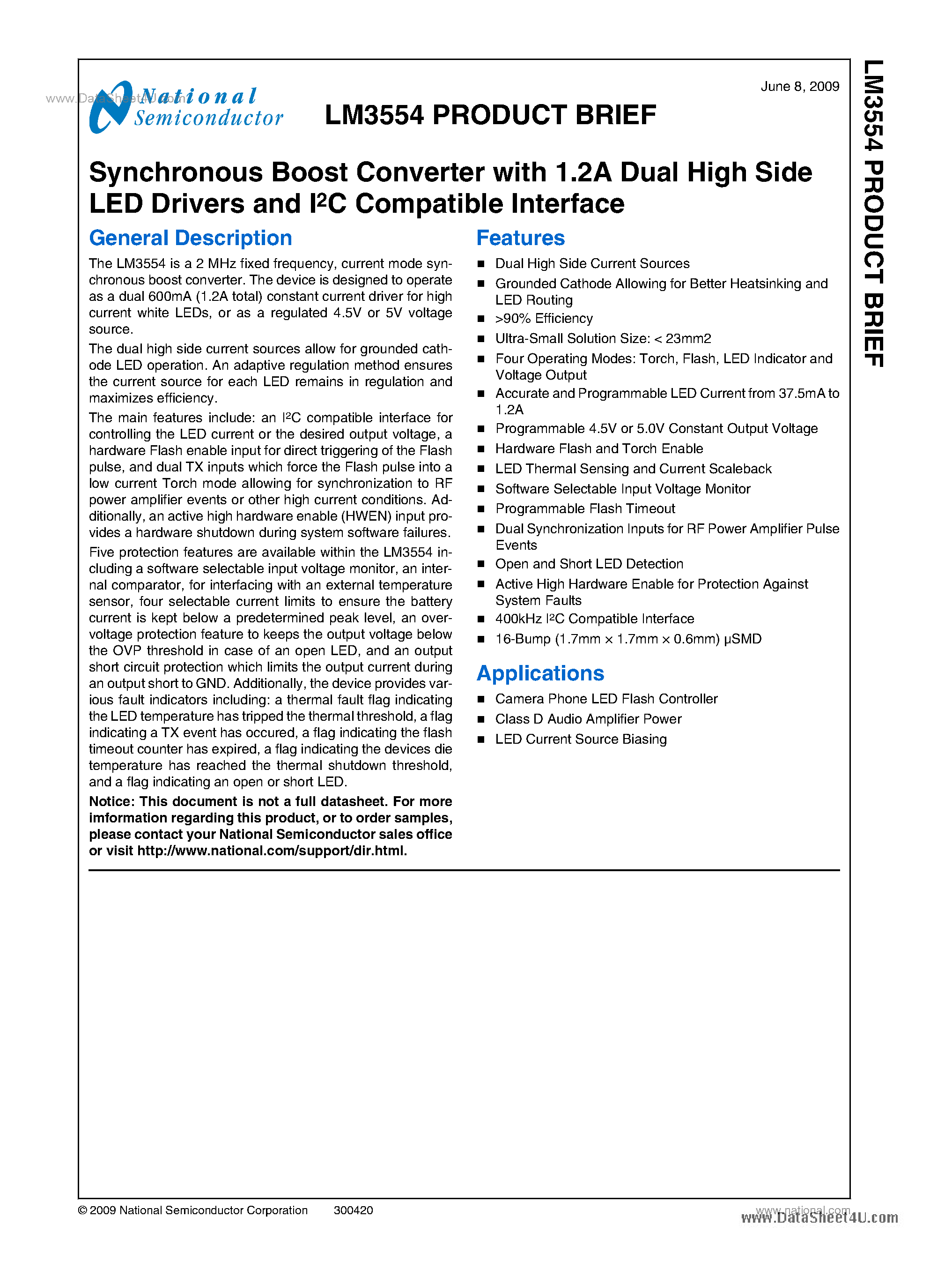 Datasheet LM3554 - 1.2A Dual Flash LED Driver System page 1
