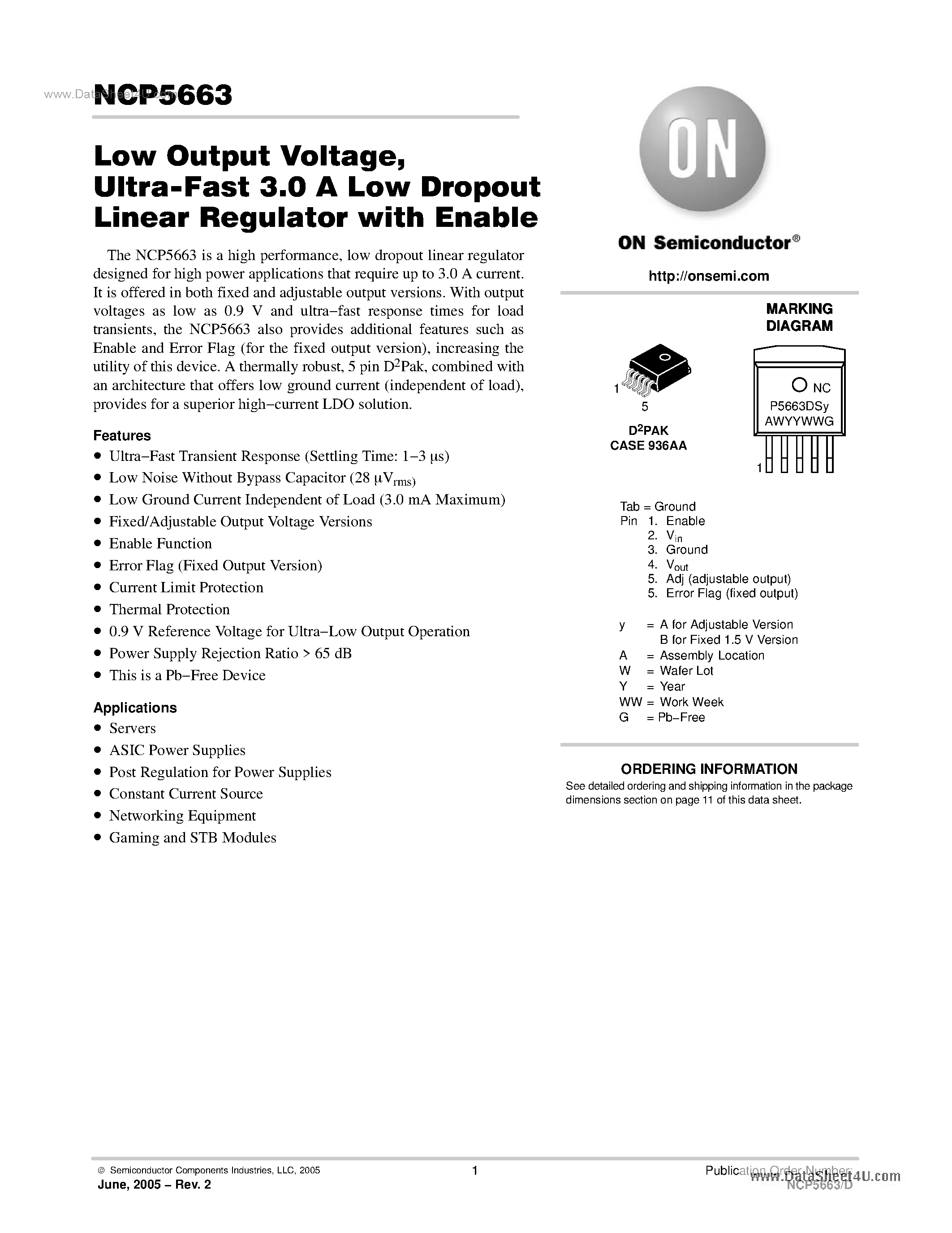 Datasheet NCP5663 - Ultra-Fast 3.0 A Low Dropout Linear Regulator page 1