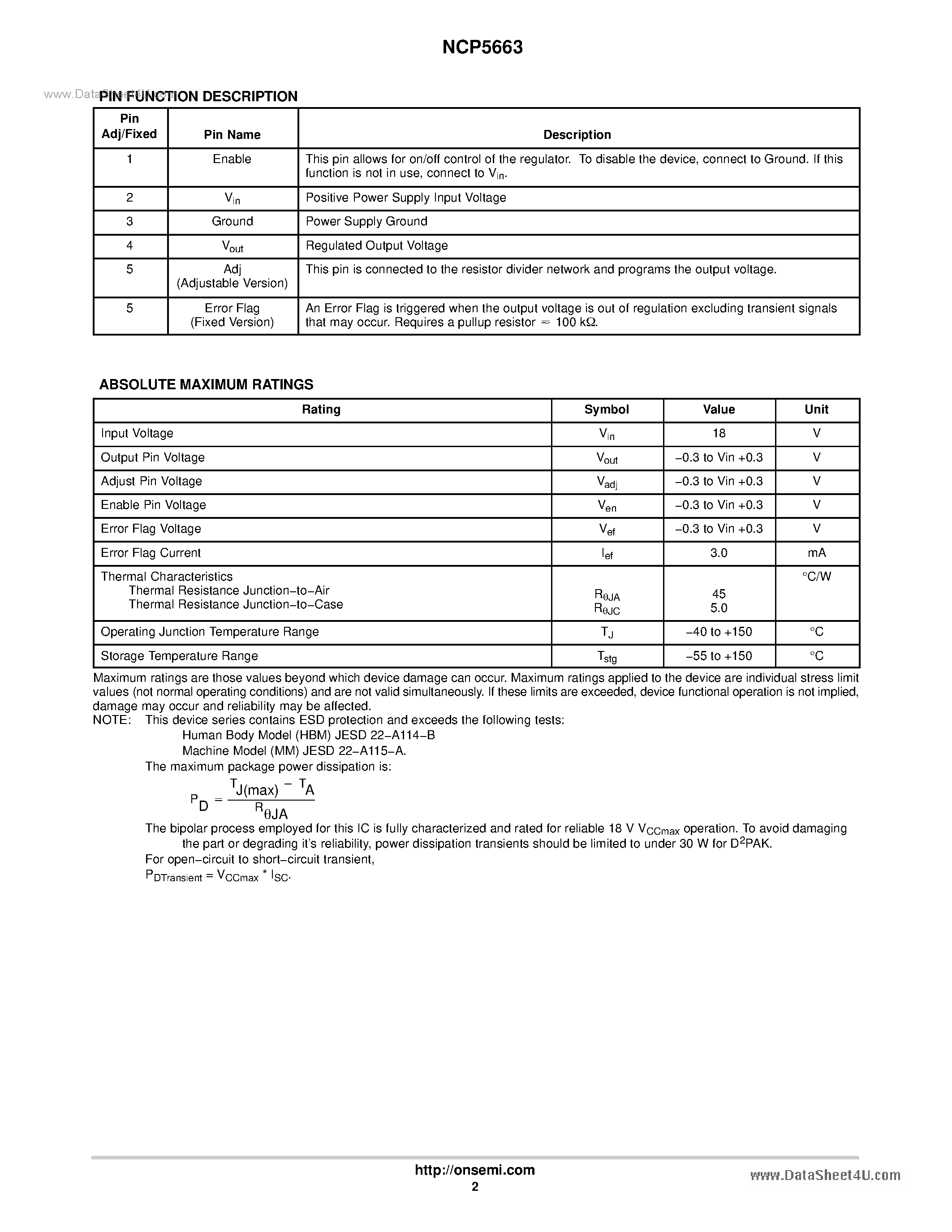 Datasheet NCP5663 - Ultra-Fast 3.0 A Low Dropout Linear Regulator page 2