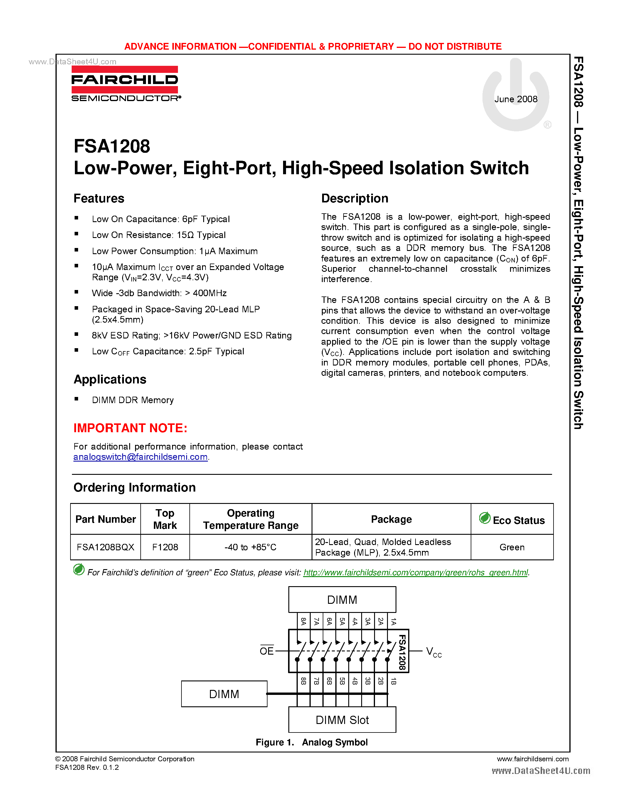 Даташит на микросхему FSA1208 страница 1 Даташит FSA1208 - High-Speed Isolation Switch страница 1