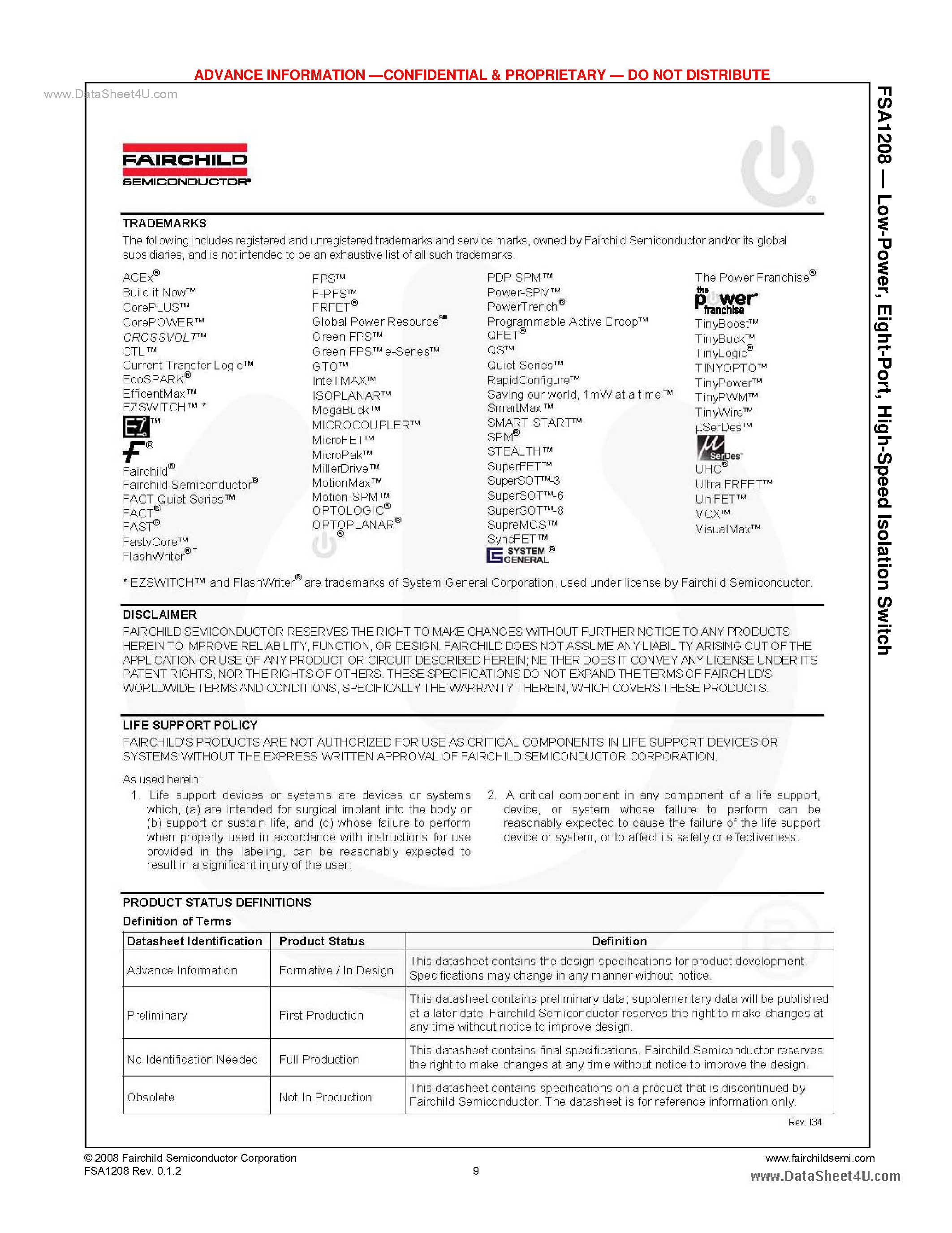 Даташит на микросхему FSA1208 страница 2 Даташит FSA1208 - High-Speed Isolation Switch страница 2