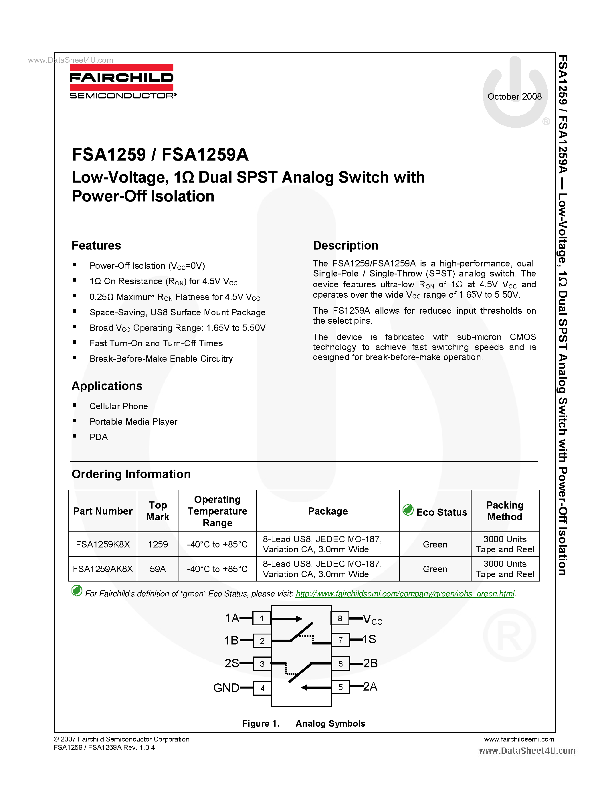 Даташит на микросхему FSA1259A страница 1 Даташит FSA1259A - Dual SPST Analog Switch страница 1