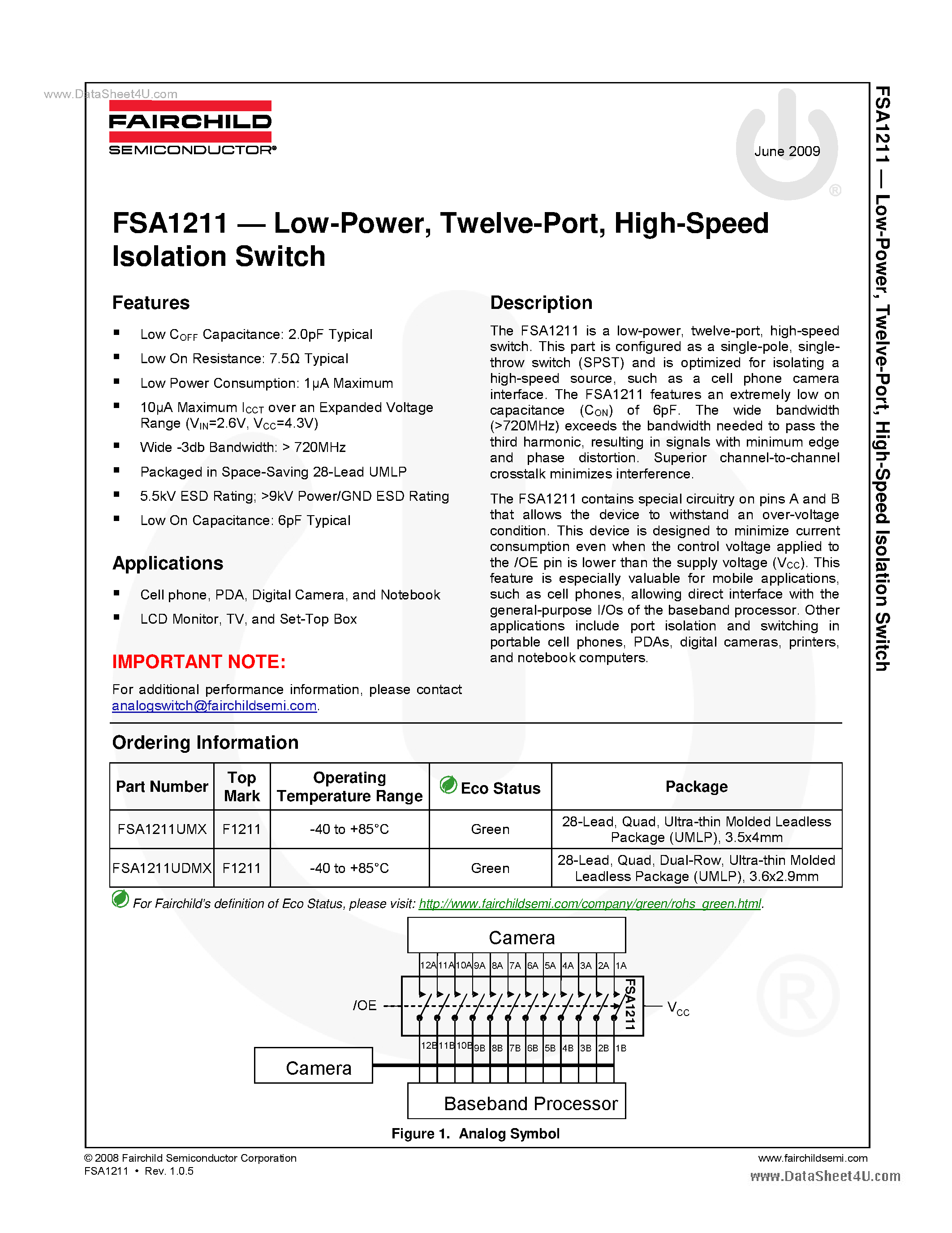 Даташит на микросхему FSA1211 страница 1 Даташит FSA1211 - Hi-Speed Isolation Switch страница 1